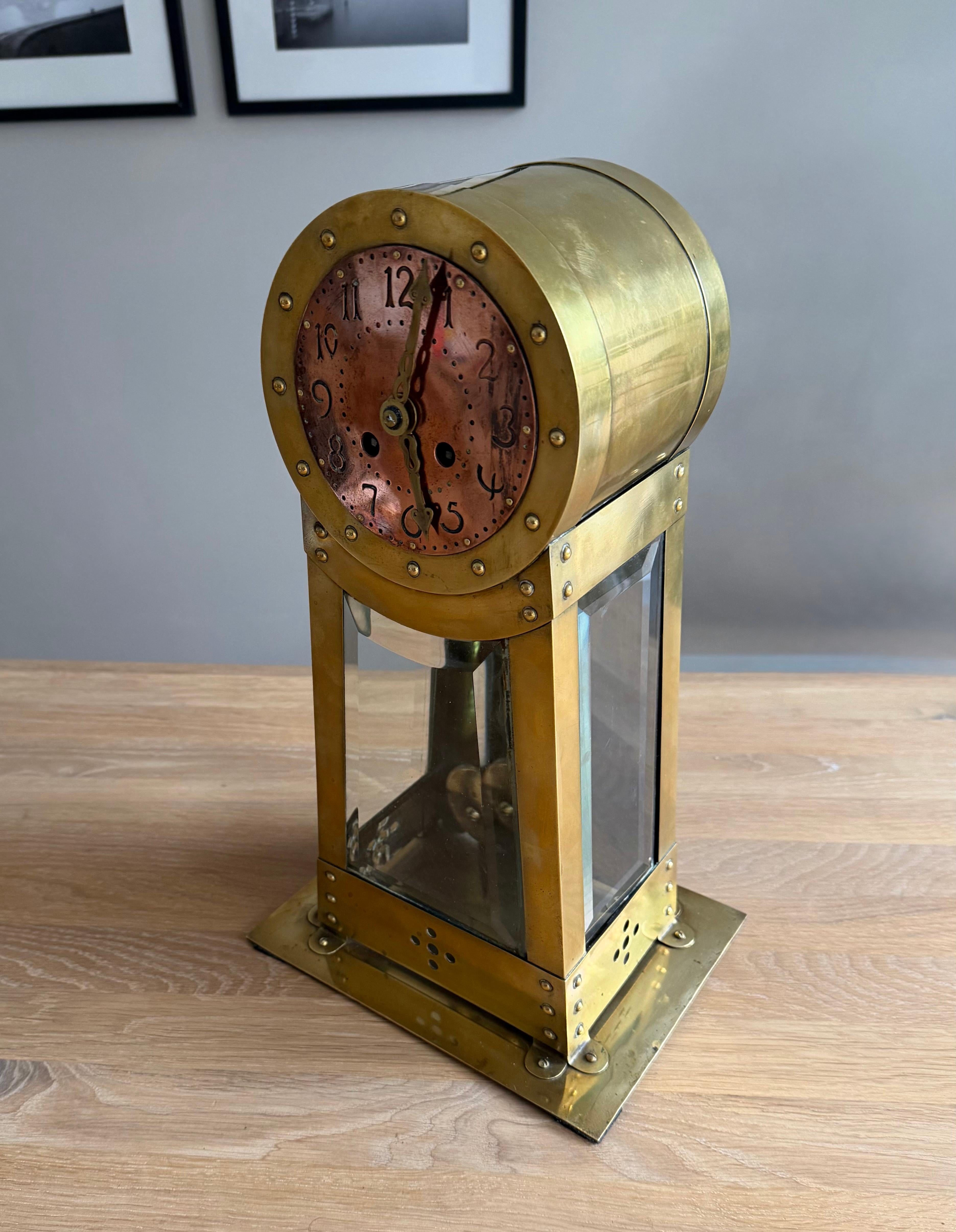 Dutch Modernist Design Hand Crafted Brass & Beveled Glass Table / Mantle Clock For Sale 11