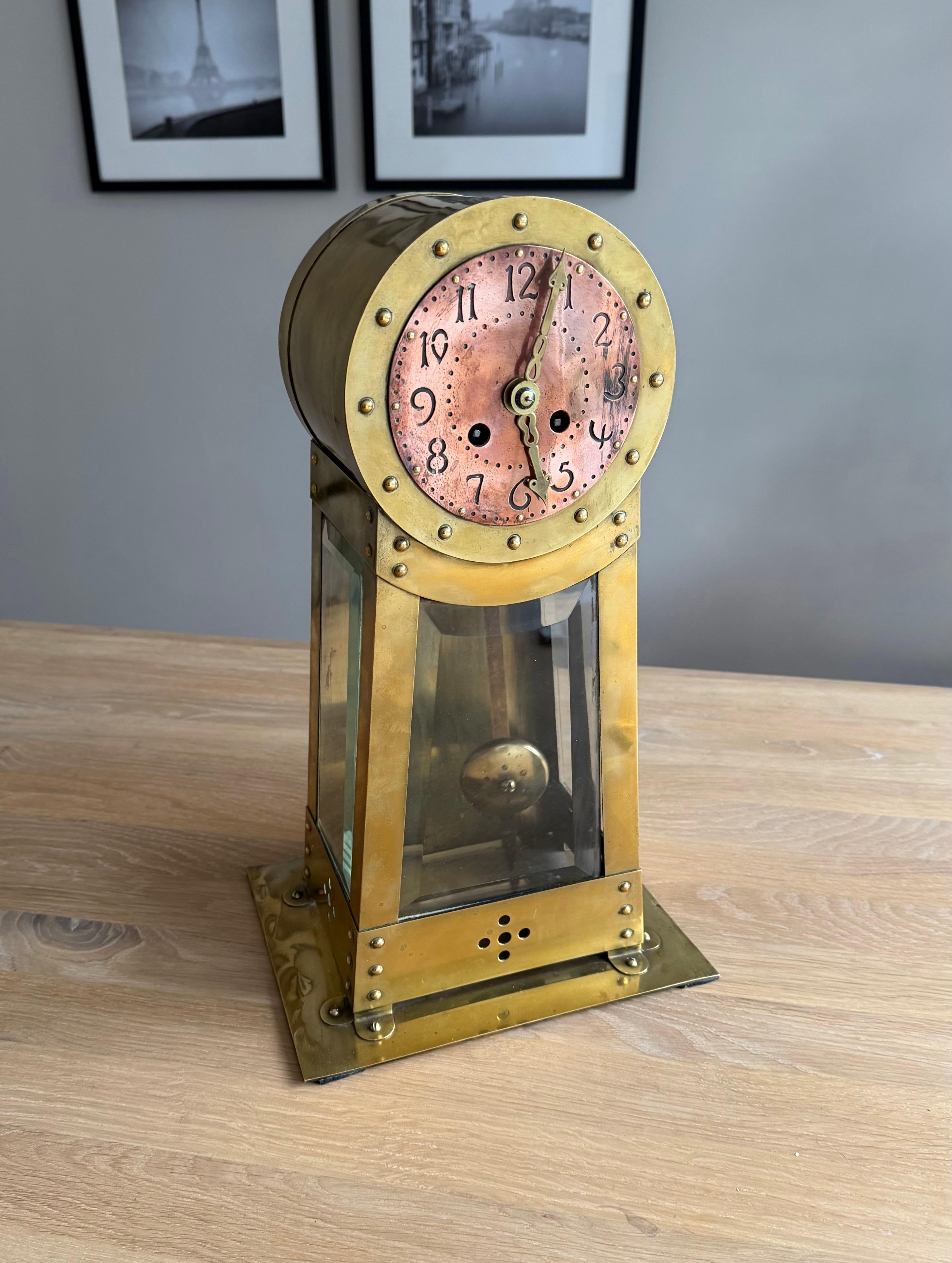 Dutch Modernist Design Hand Crafted Brass & Beveled Glass Table / Mantle Clock For Sale 12