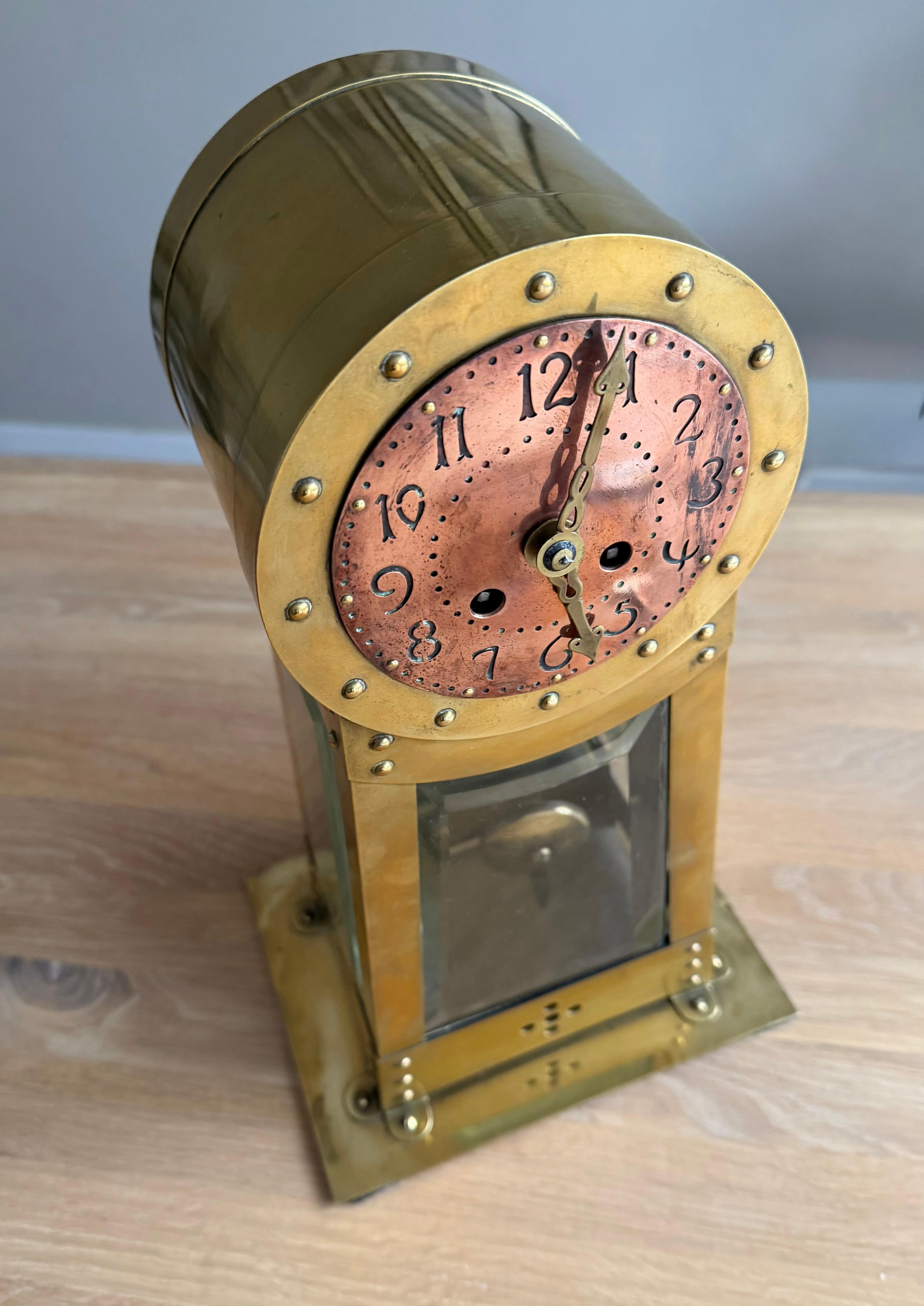 Dutch Modernist Design Hand Crafted Brass & Beveled Glass Table / Mantle Clock For Sale 13