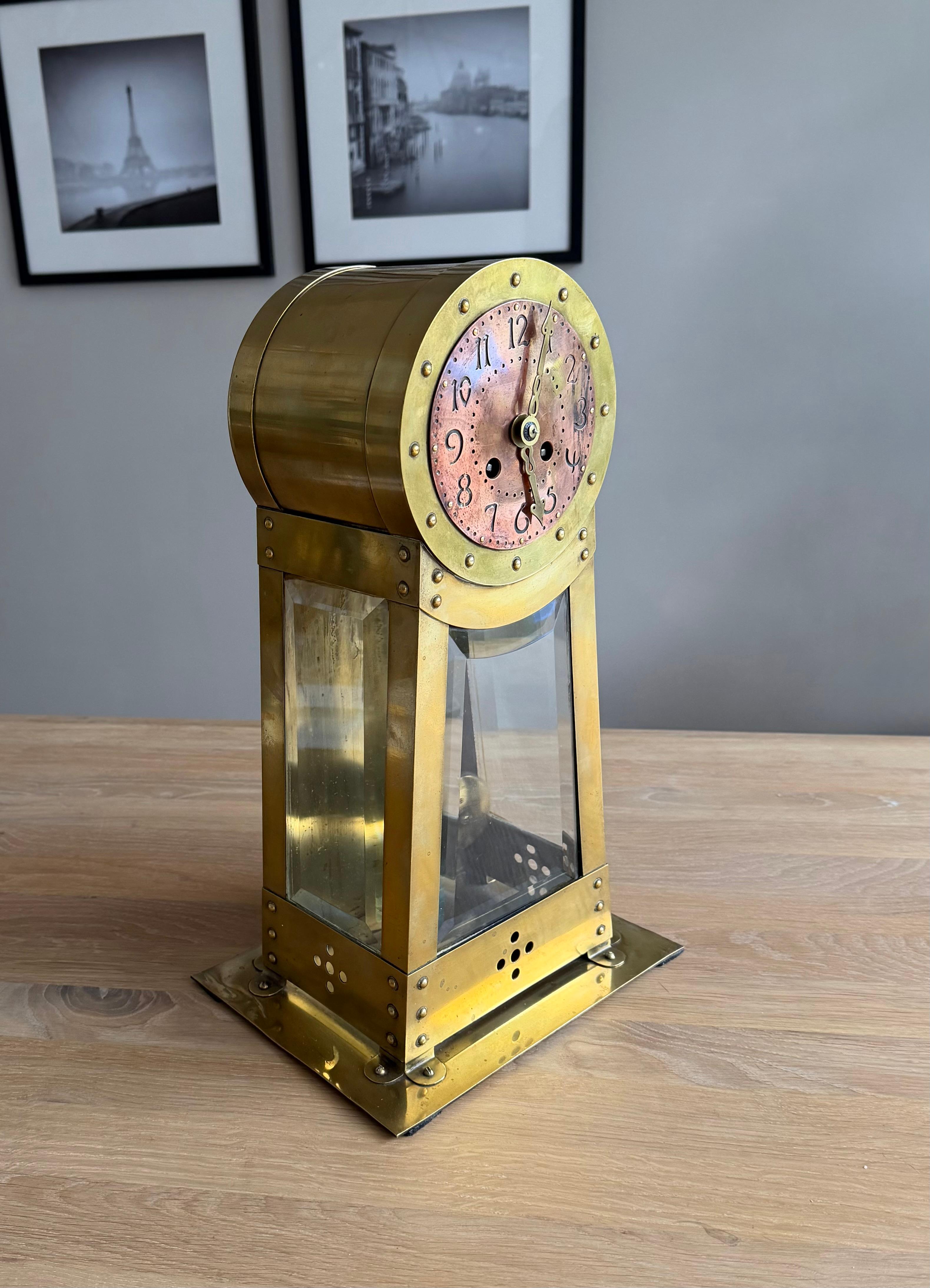 Dutch Modernist Design Hand Crafted Brass & Beveled Glass Table / Mantle Clock For Sale 14