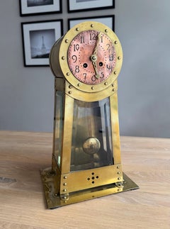 Dutch Modernist Design Hand Crafted Brass & Beveled Glass Table / Mantle Clock