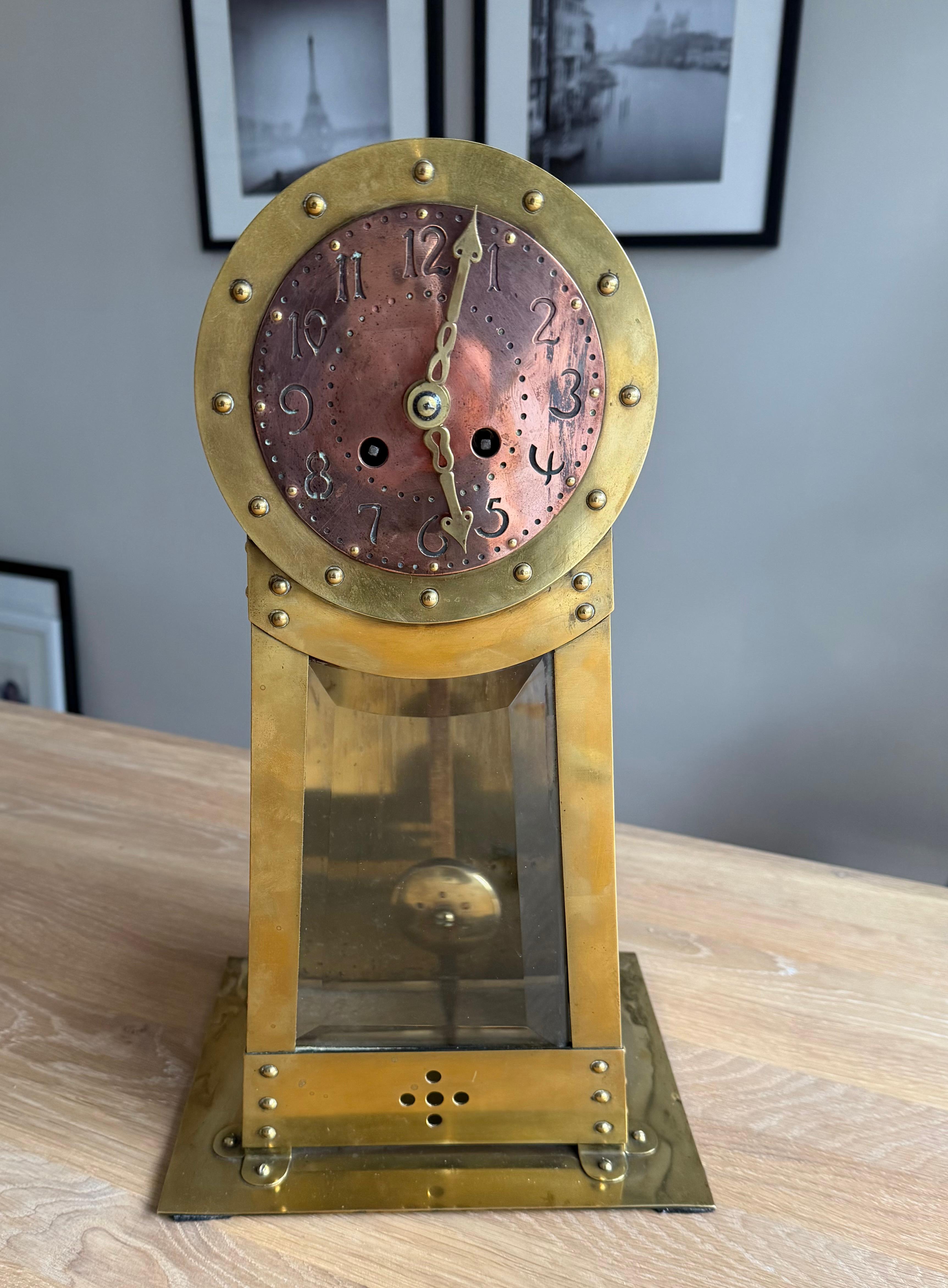 Arts and Crafts Dutch Modernist Design Hand Crafted Brass & Beveled Glass Table / Mantle Clock For Sale