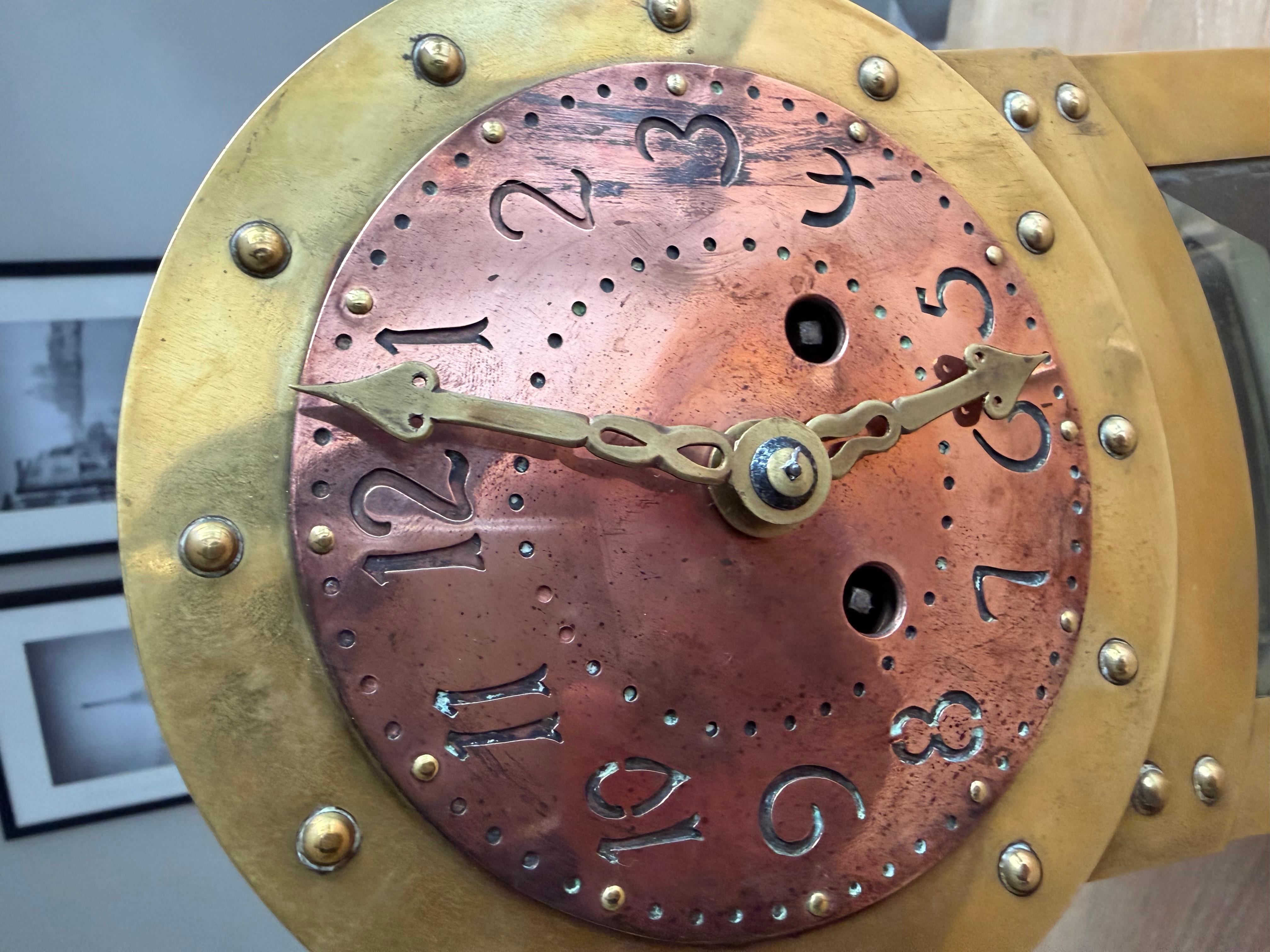 20th Century Dutch Modernist Design Hand Crafted Brass & Beveled Glass Table / Mantle Clock For Sale