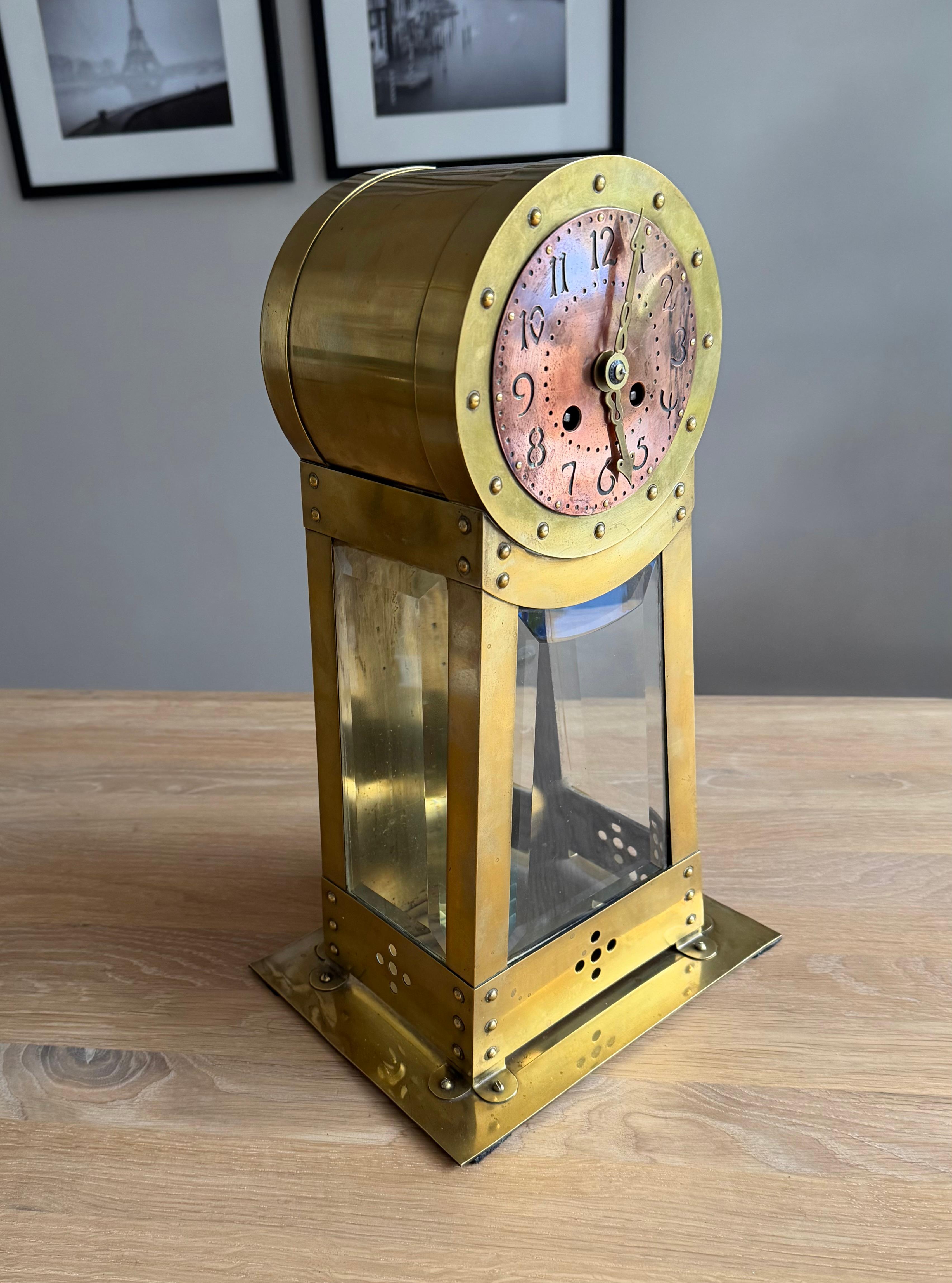 Dutch Modernist Design Hand Crafted Brass & Beveled Glass Table / Mantle Clock For Sale 3