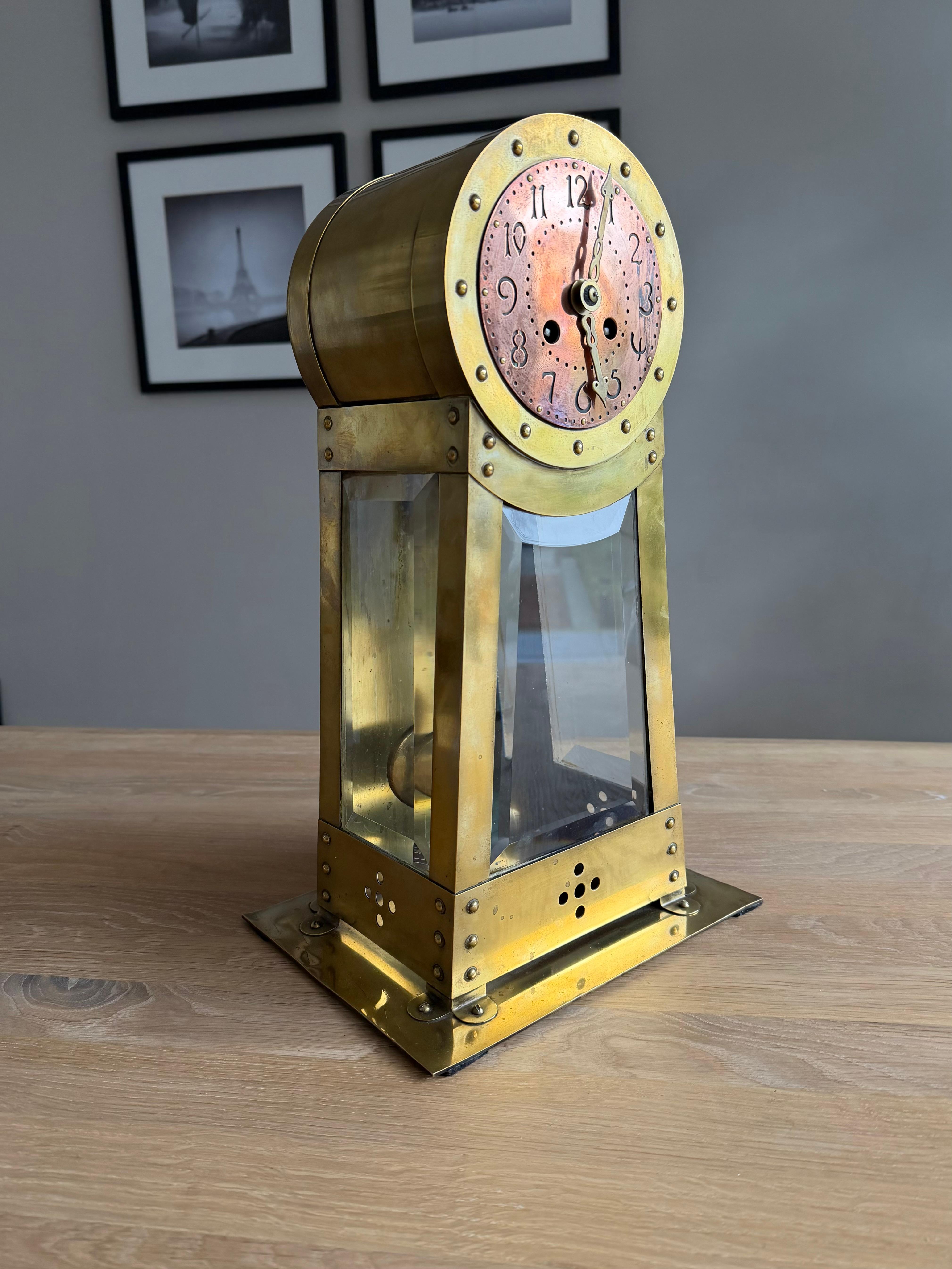 Dutch Modernist Design Hand Crafted Brass & Beveled Glass Table / Mantle Clock For Sale 4