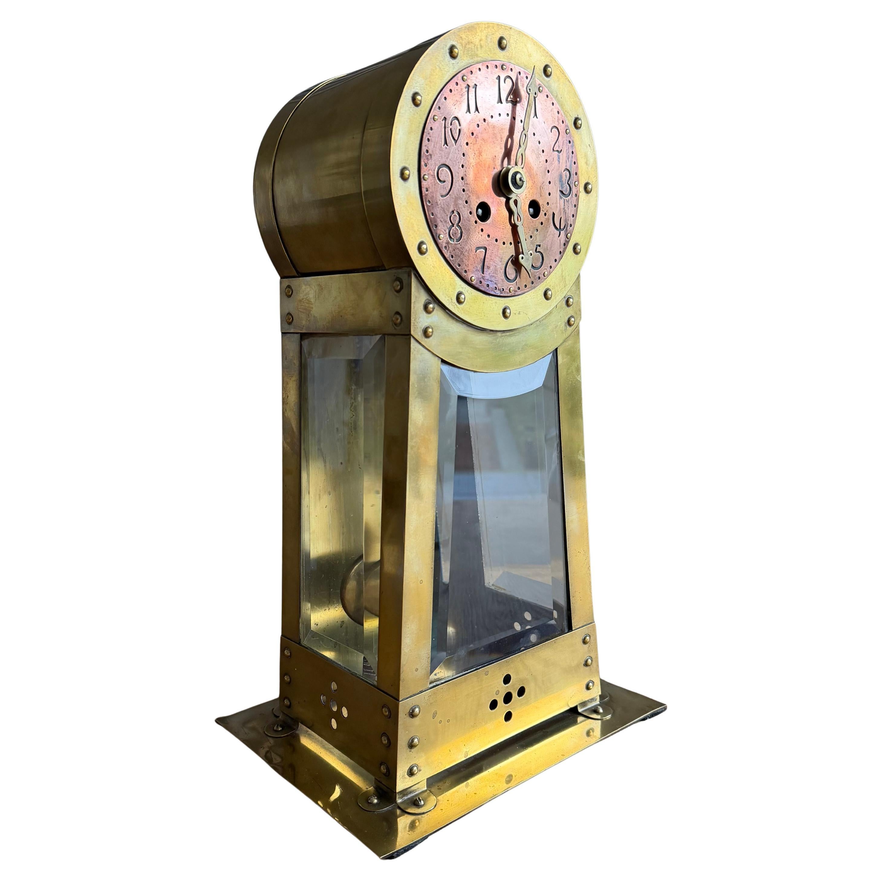 Dutch Modernist Design Hand Crafted Brass 
Beveled Glass Table / Mantle Clock For Sale