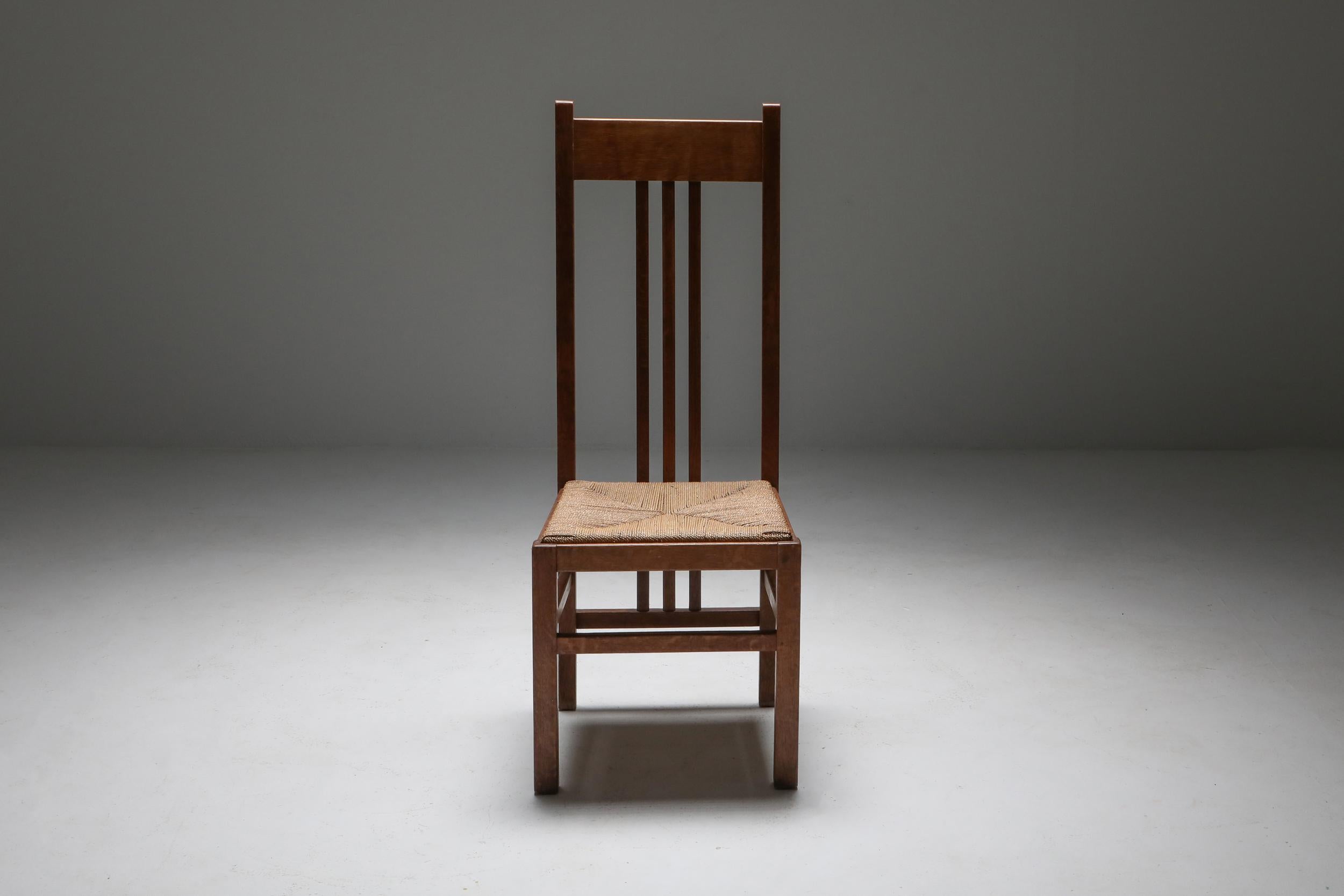 Holländische Modernistenstühle mit hoher Rückenlehne und Corde-Sitz, 1920er Jahre (Obstholz) im Angebot