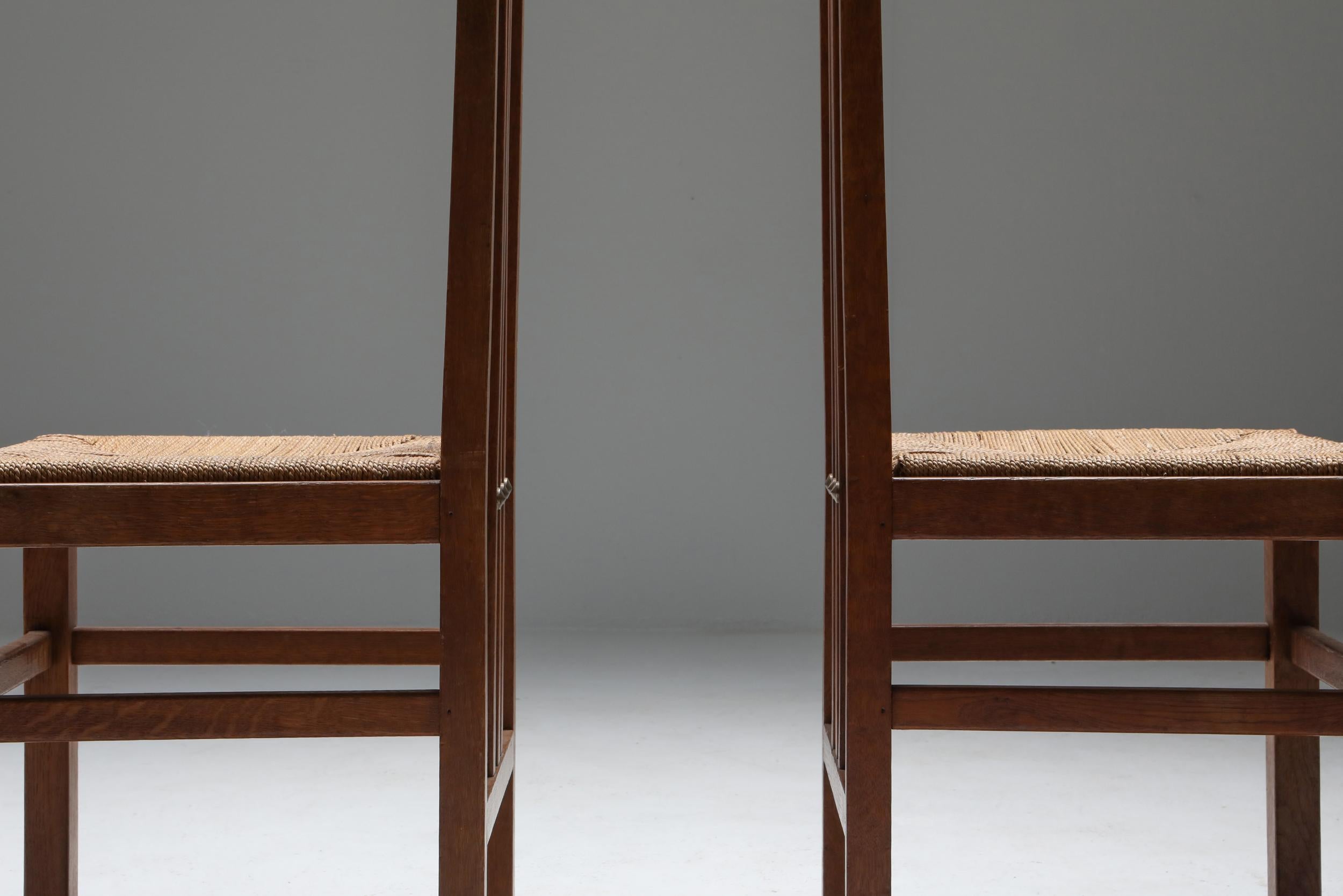 Dutch Modernist High Back Chairs with Cord Seating, 1920s For Sale 2
