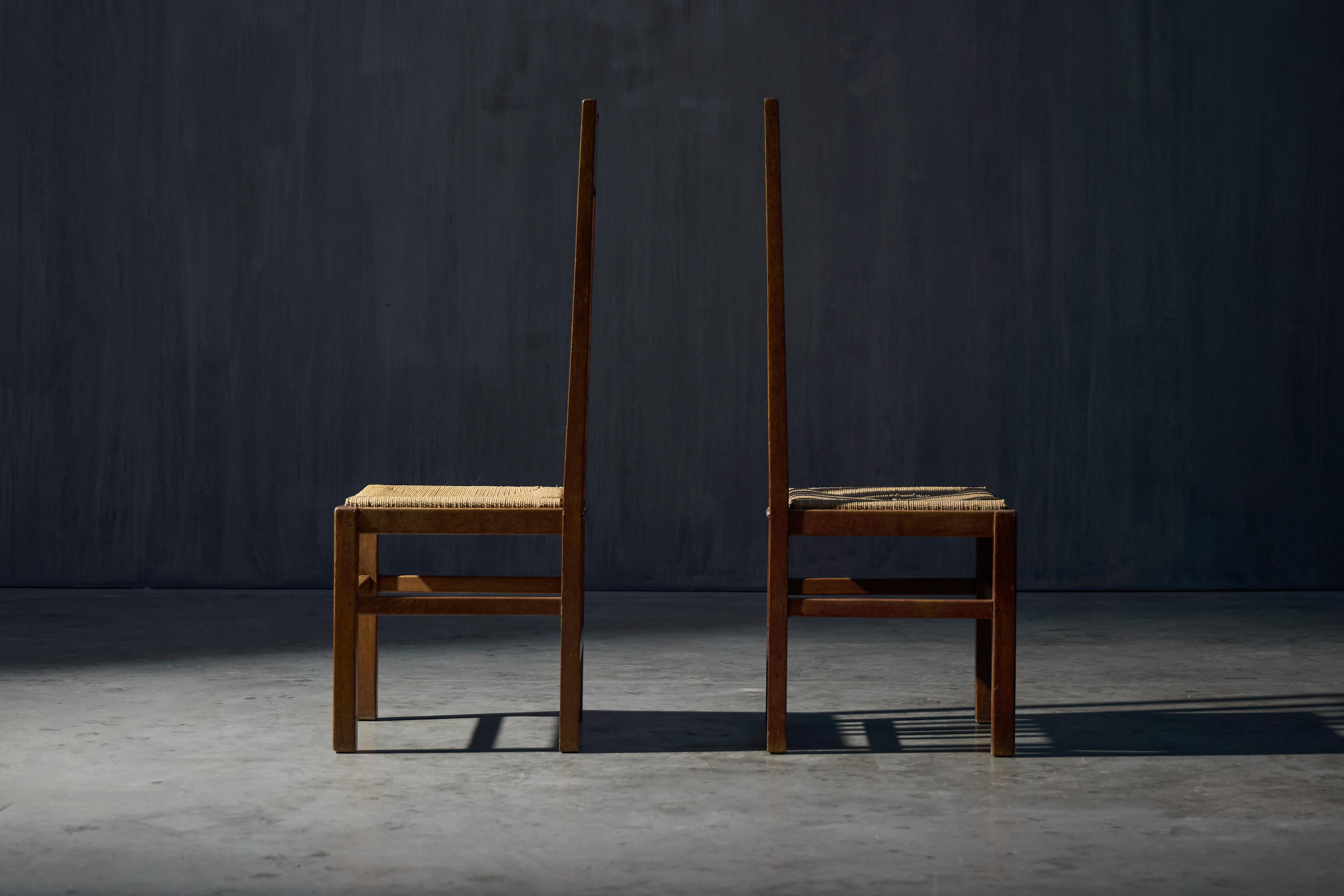 Arts and Crafts Dutch Modernist High-Back Chairs with Cord Seating, Netherlands, 1920s For Sale