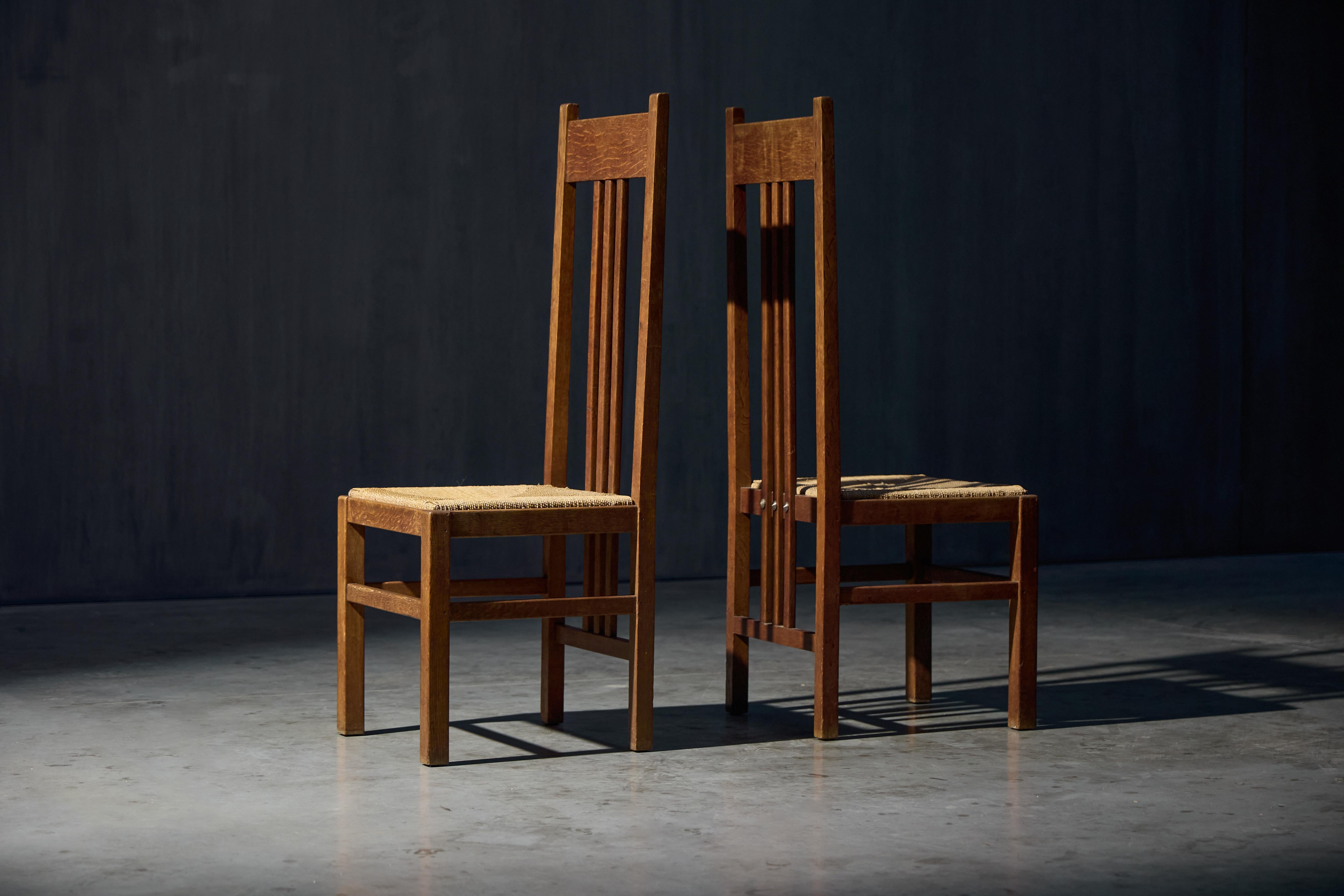 Dutch Modernist High-Back Chairs with Cord Seating, Netherlands, 1920s In Excellent Condition For Sale In Antwerp, BE