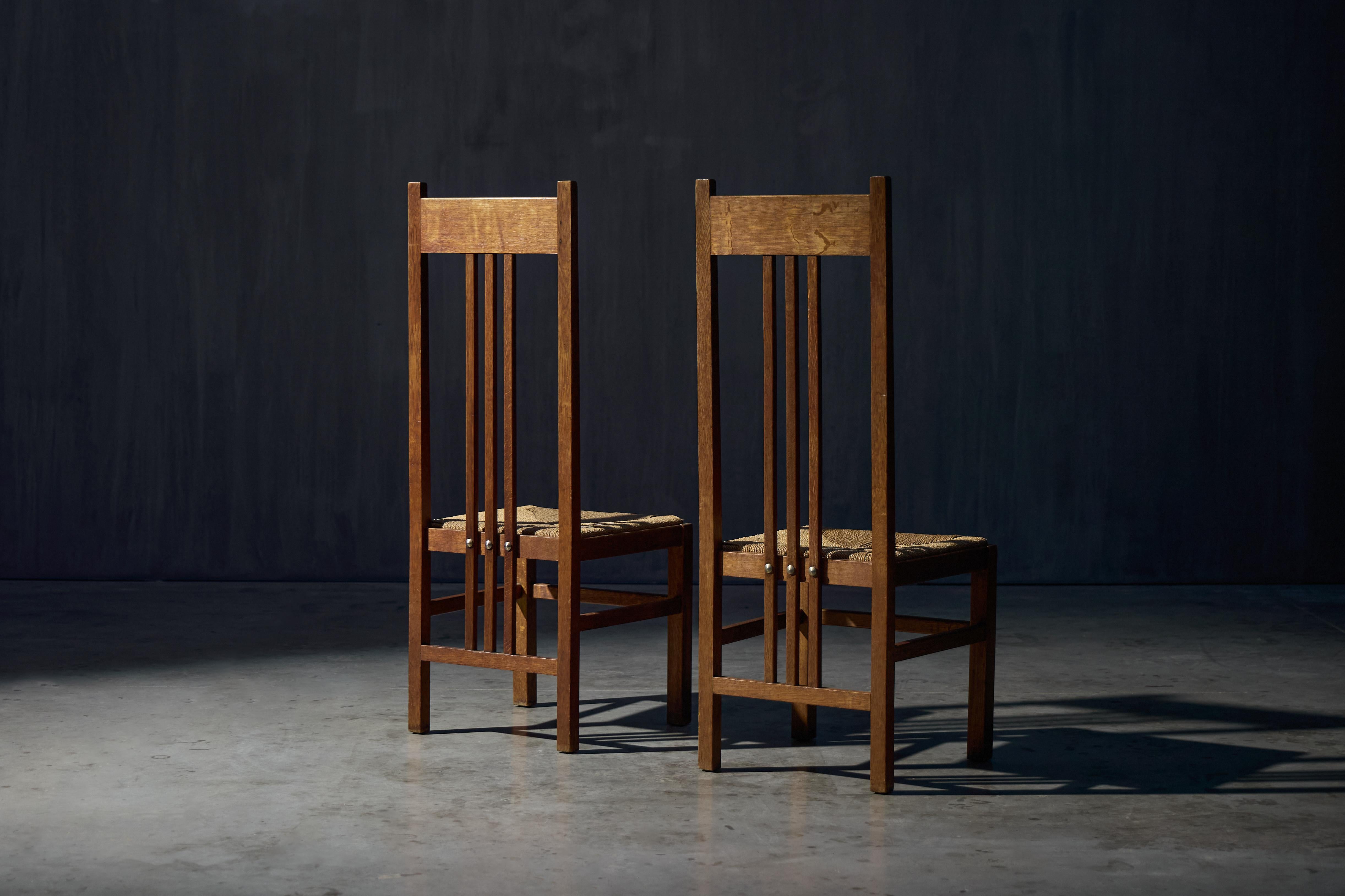 20th Century Dutch Modernist High-Back Chairs with Cord Seating, Netherlands, 1920s For Sale