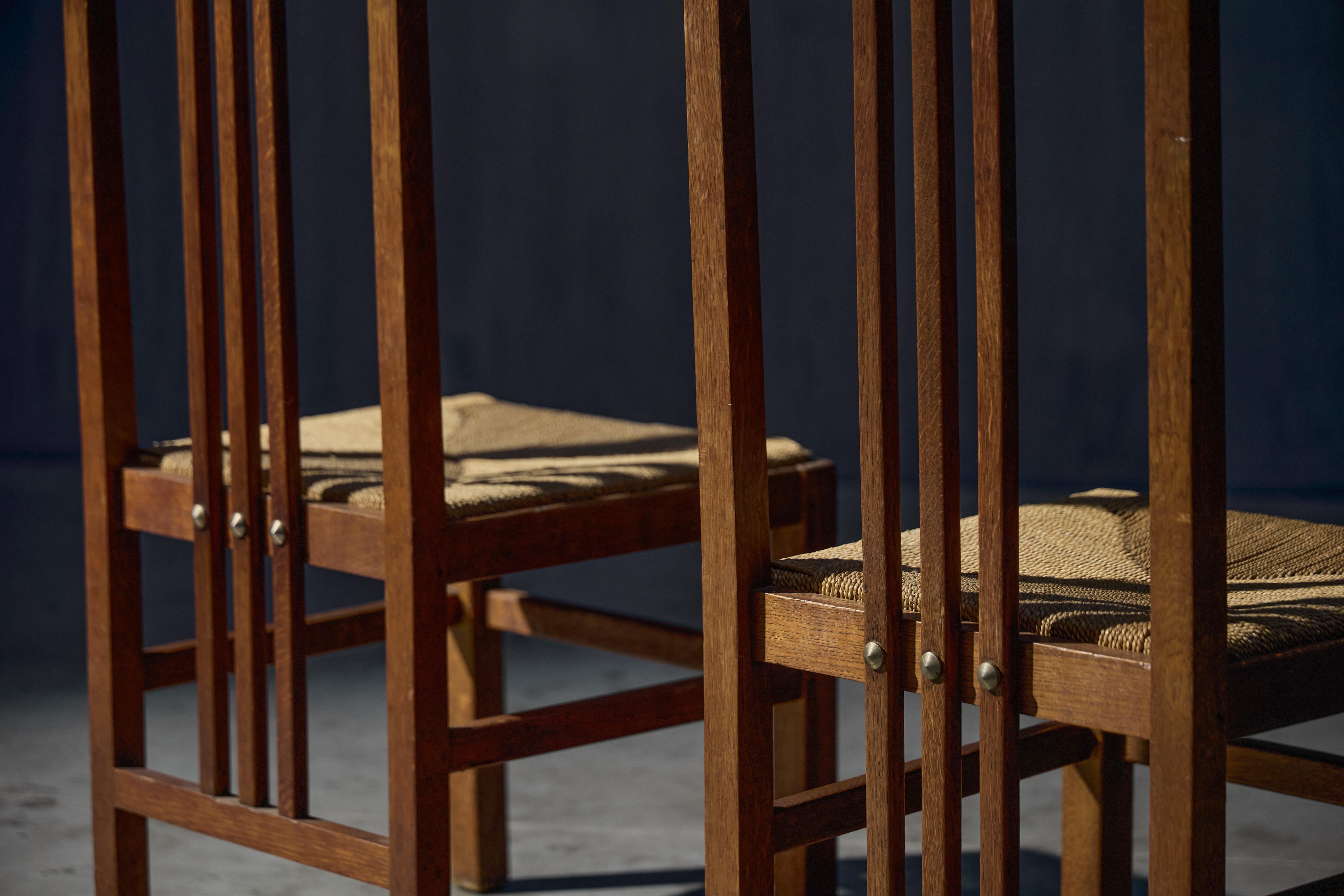 Fruitwood Dutch Modernist High-Back Chairs with Cord Seating, Netherlands, 1920s For Sale
