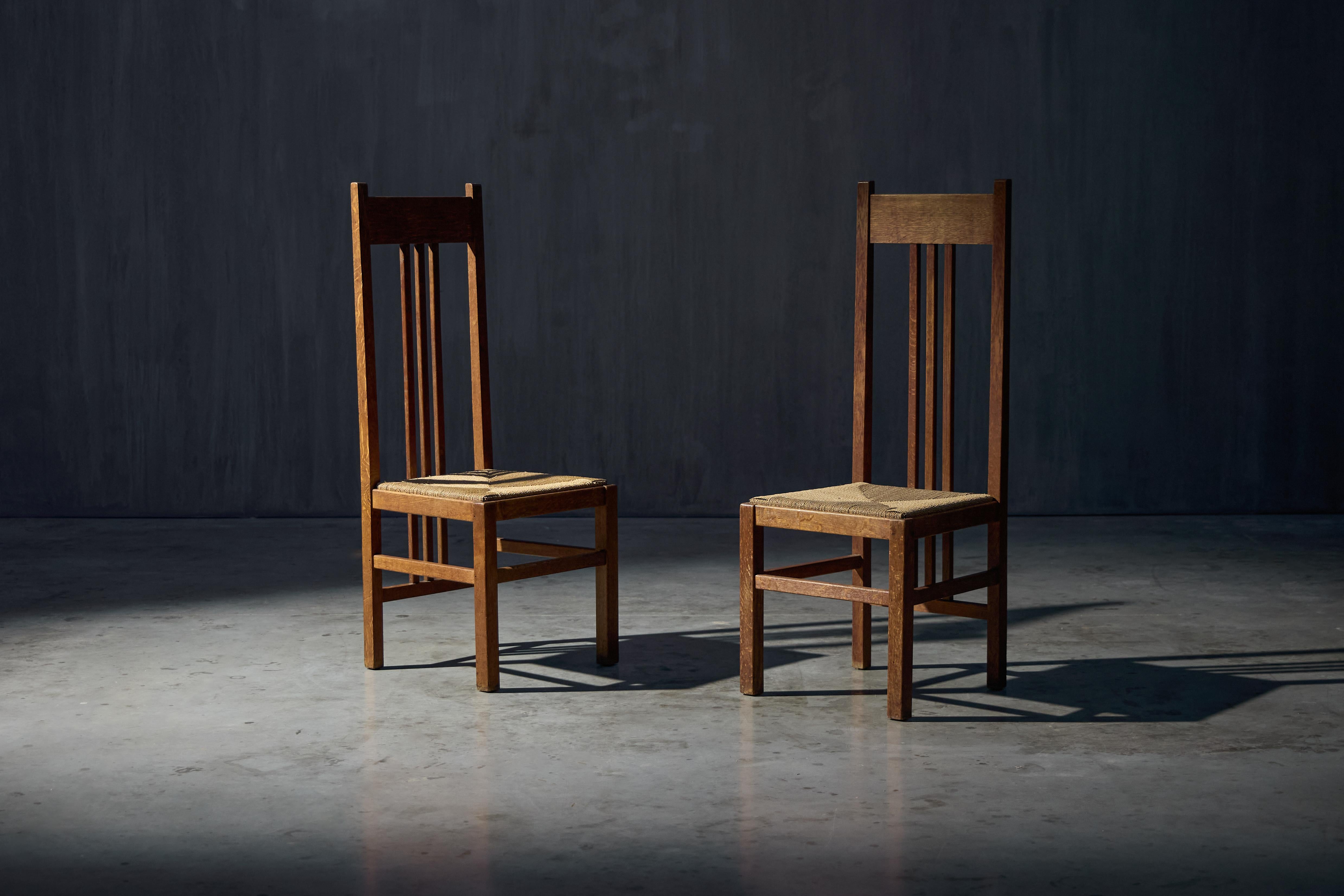 Dutch Modernist High-Back Chairs with Cord Seating, Netherlands, 1920s For Sale 1