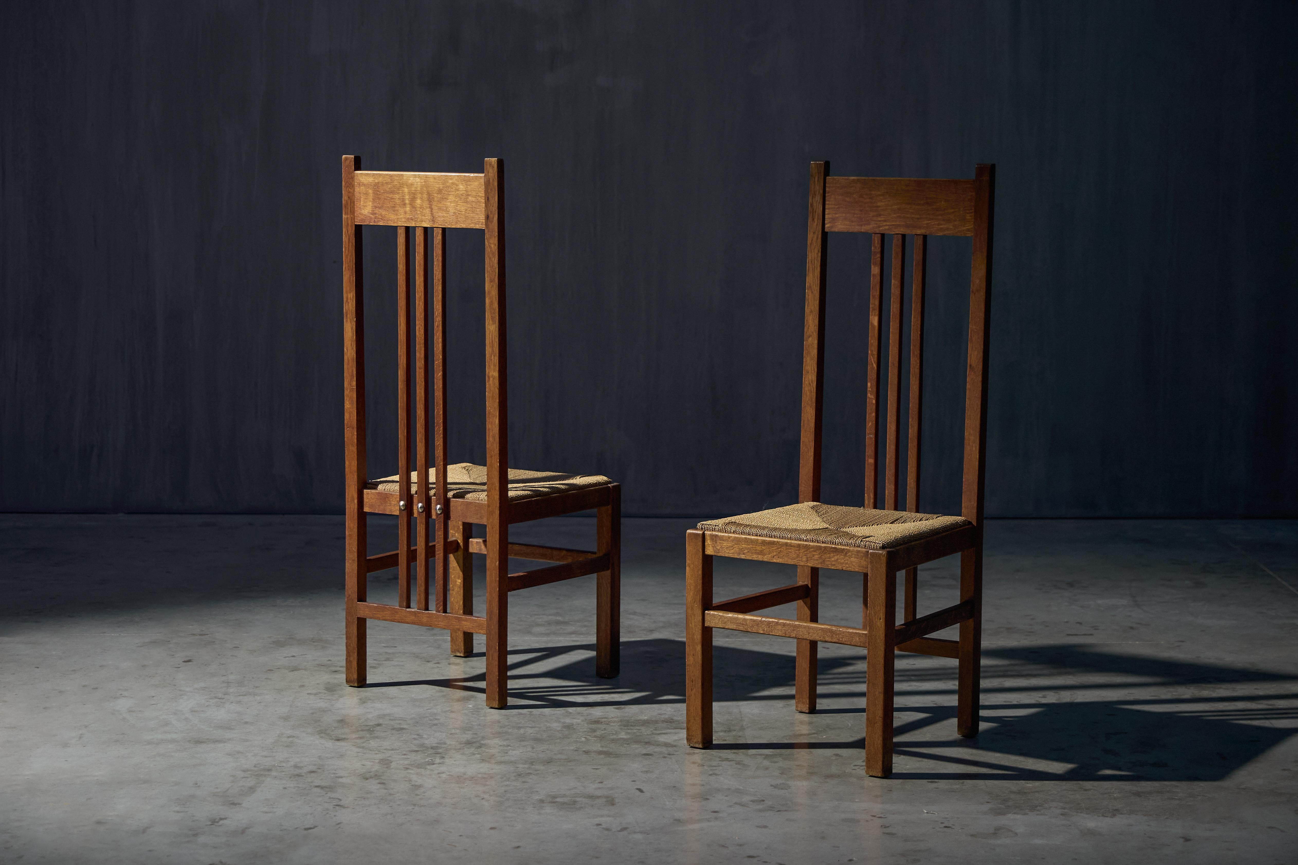 Dutch Modernist High-Back Chairs with Cord Seating, Netherlands, 1920s For Sale 2