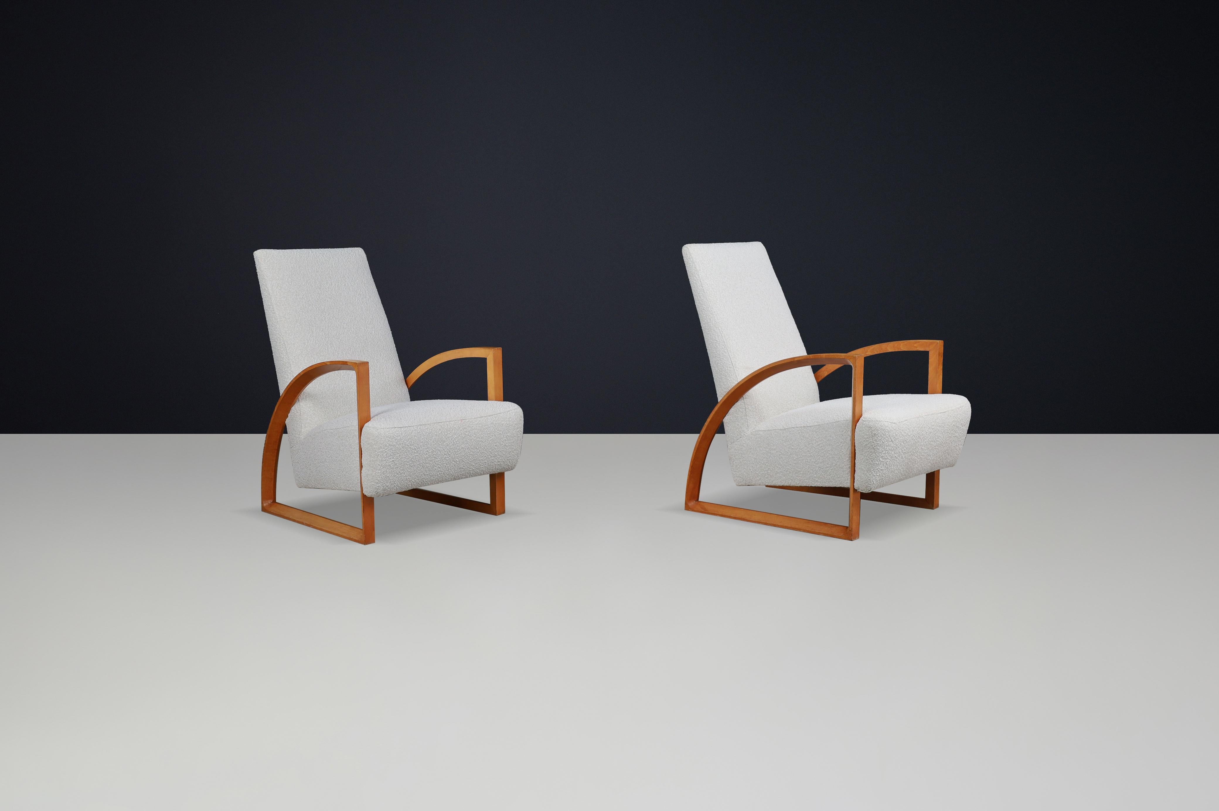 Mid-Century Modern Dutch Modernist Oak Armchairs in New Bouclé Upholstery, The Netherlands 1960s