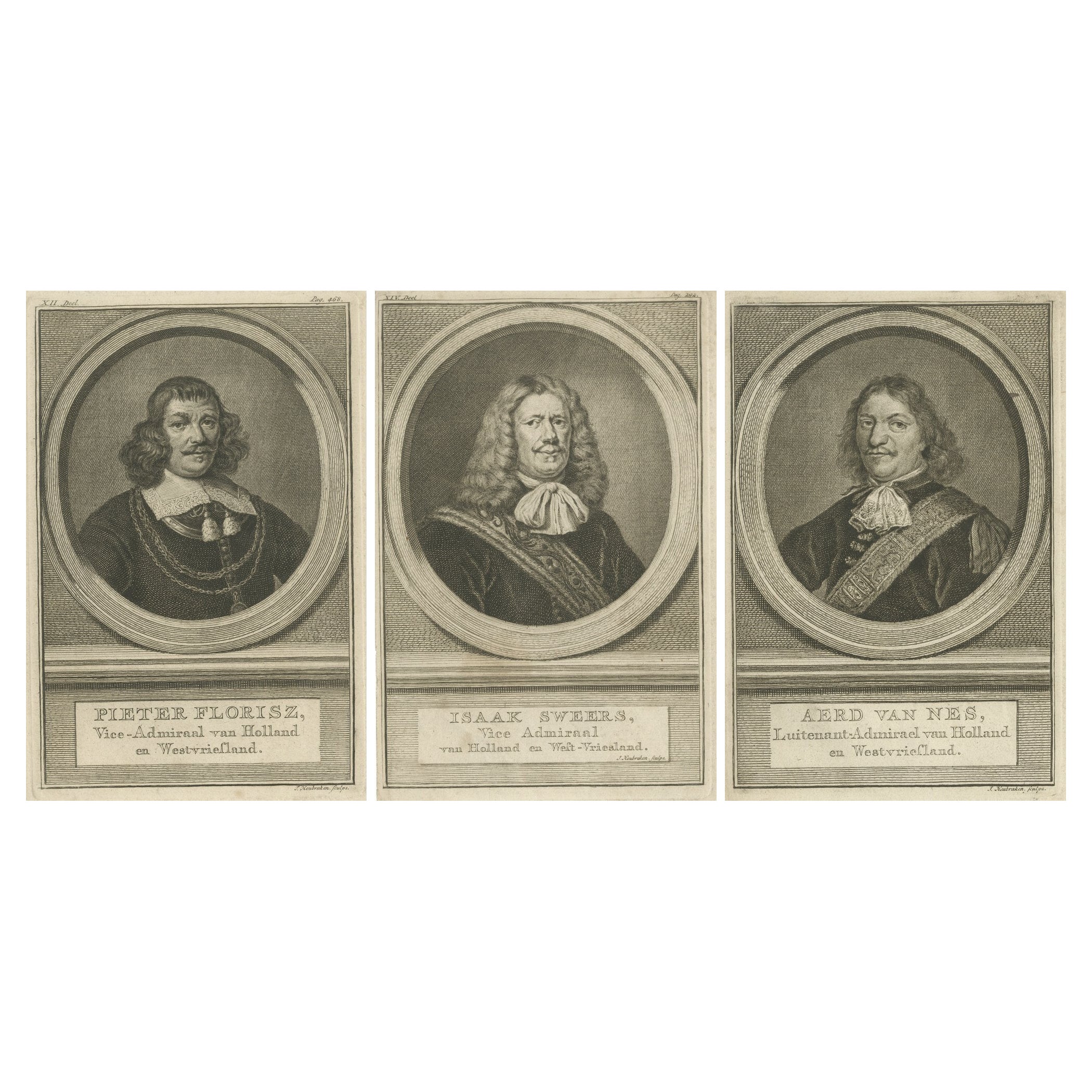 Dutch Naval Leaders – Florisz, Sweers, and Van Nes, c.1750 Copper Engravings
