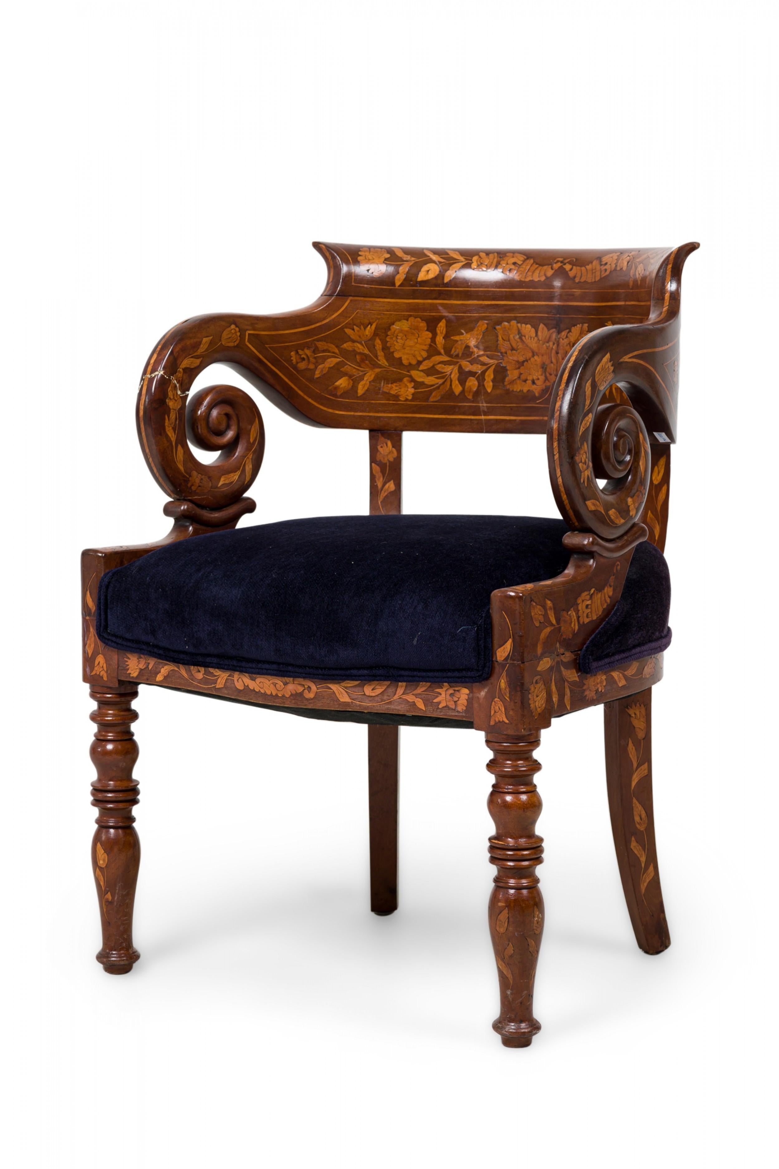 Dutch Neo-Classic Style (19th Century) desk chair / armchair with an upturned horseshoe back unified in the design with the scroll form arms, inlaid with abundant floral marquetry, with an upholstered seat in dark blue velour fabric, standing on 2