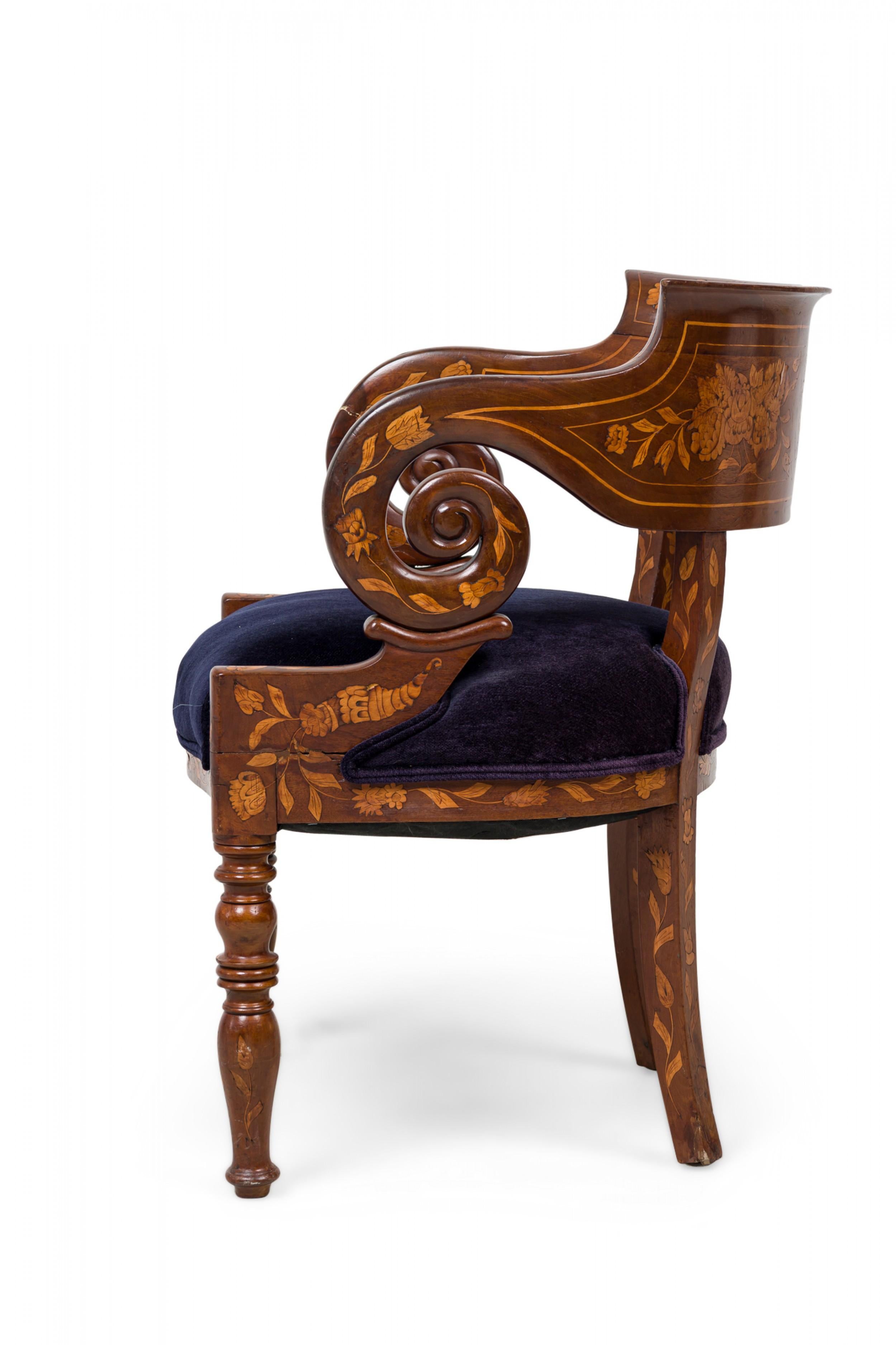 Dutch Colonial Dutch Neo-Classic Style Marquetry Frame Blue Upholstered Armchair For Sale