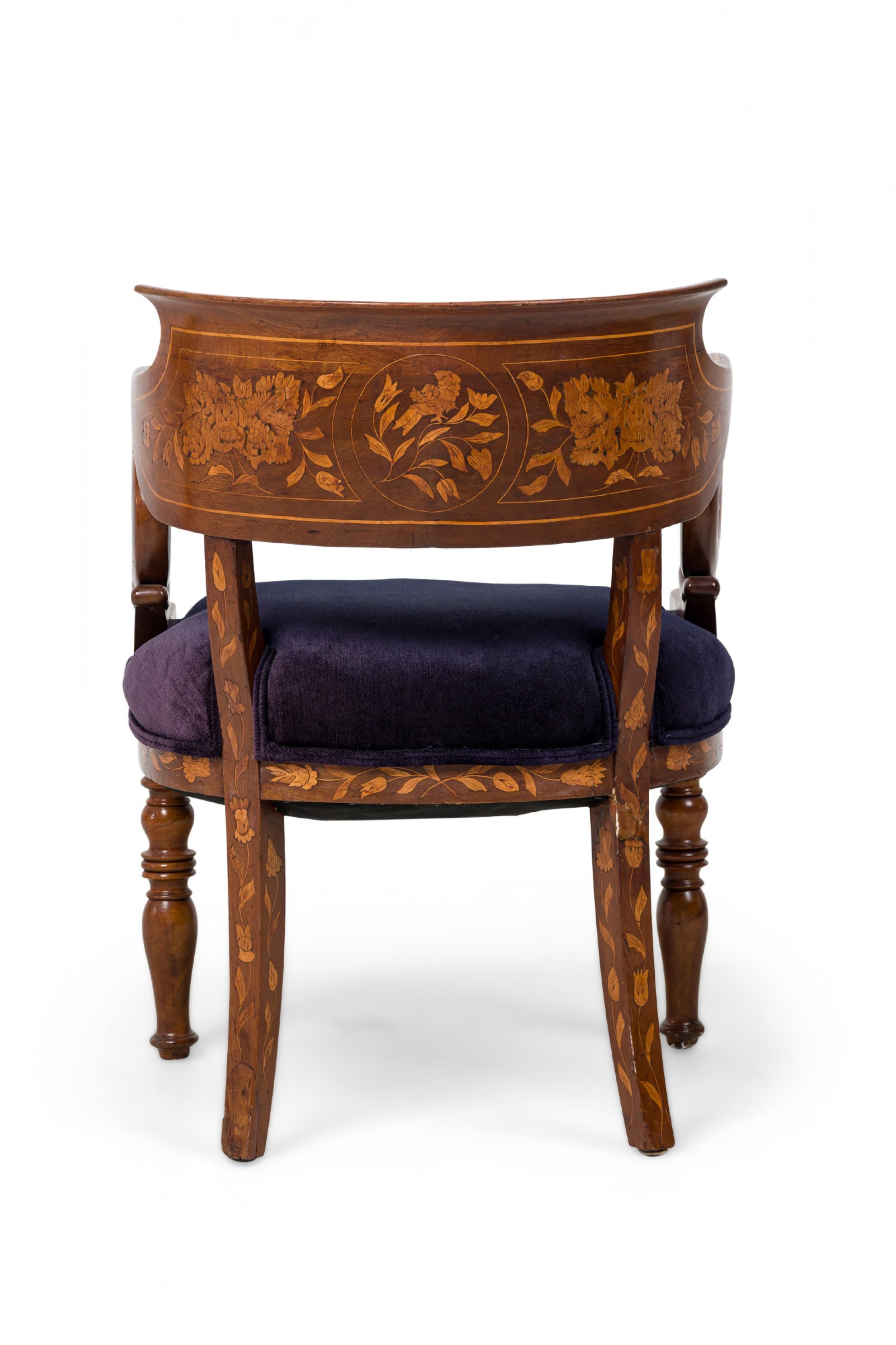 Dutch Neo-Classic Style Marquetry Frame Blue Upholstered Armchair In Good Condition For Sale In New York, NY