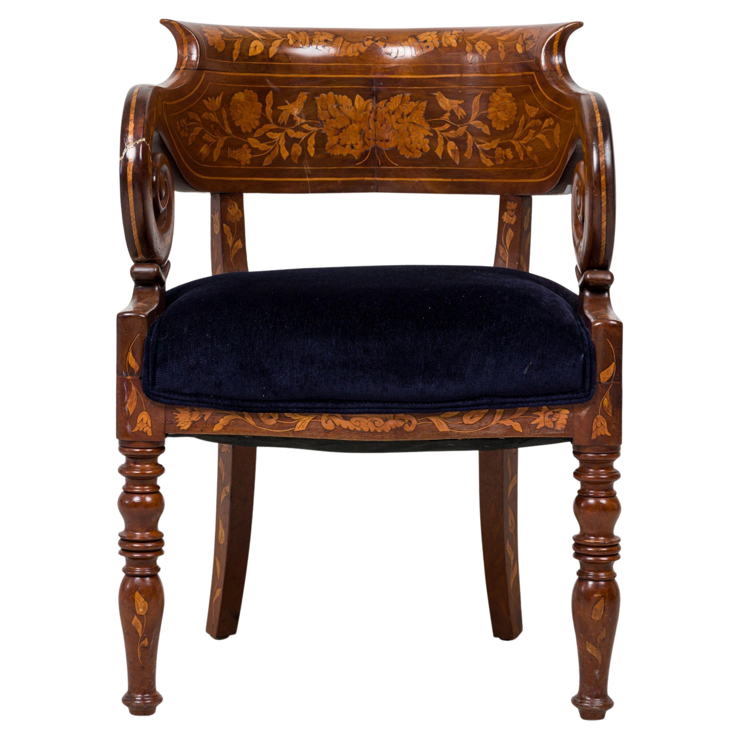 Dutch Neo-Classic Style Marquetry Frame Blue Upholstered Armchair For Sale