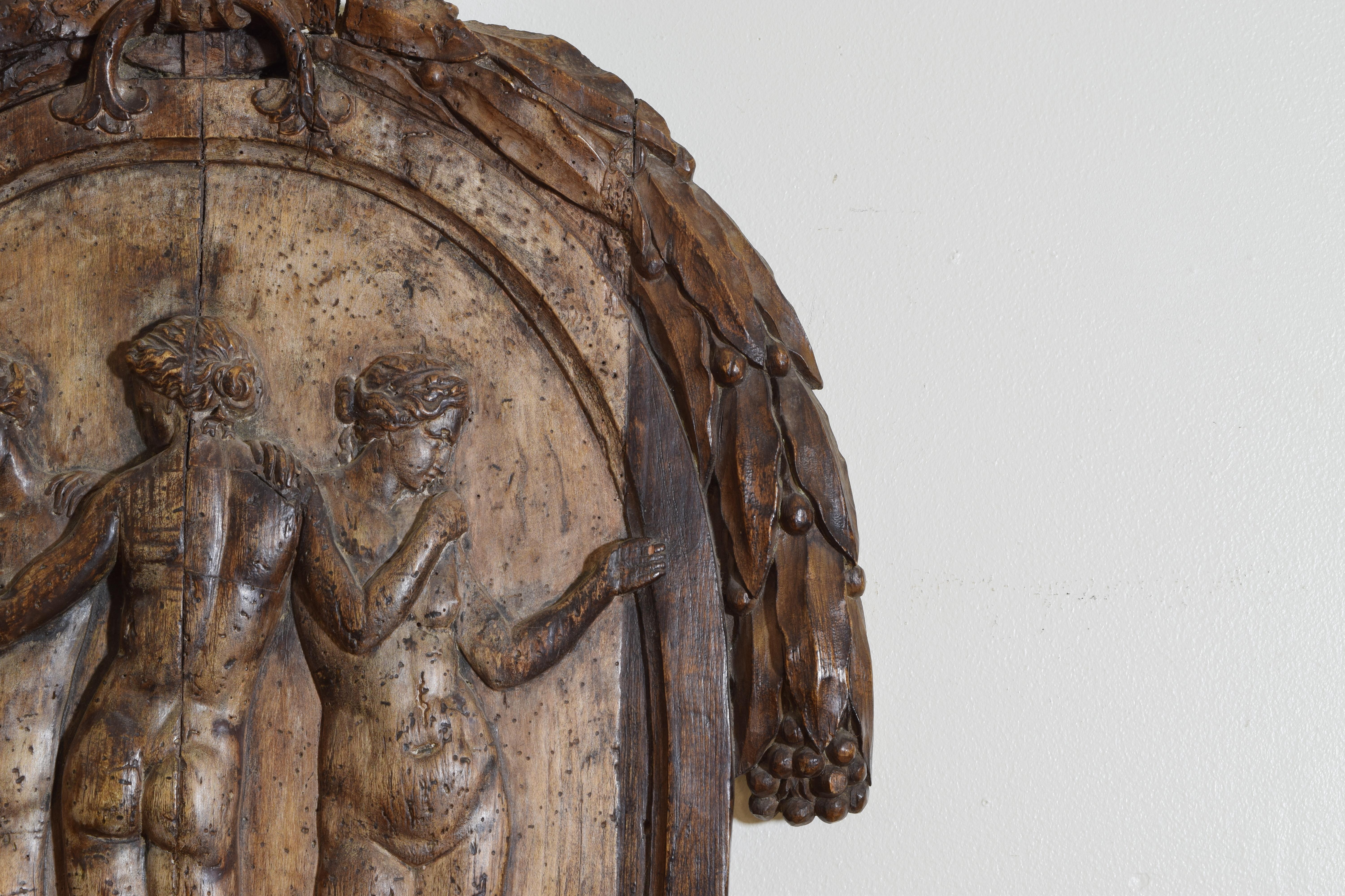 Walnut Dutch Neoclassical Carved Wooden Relief, The Three Graces, Late 18th Century For Sale