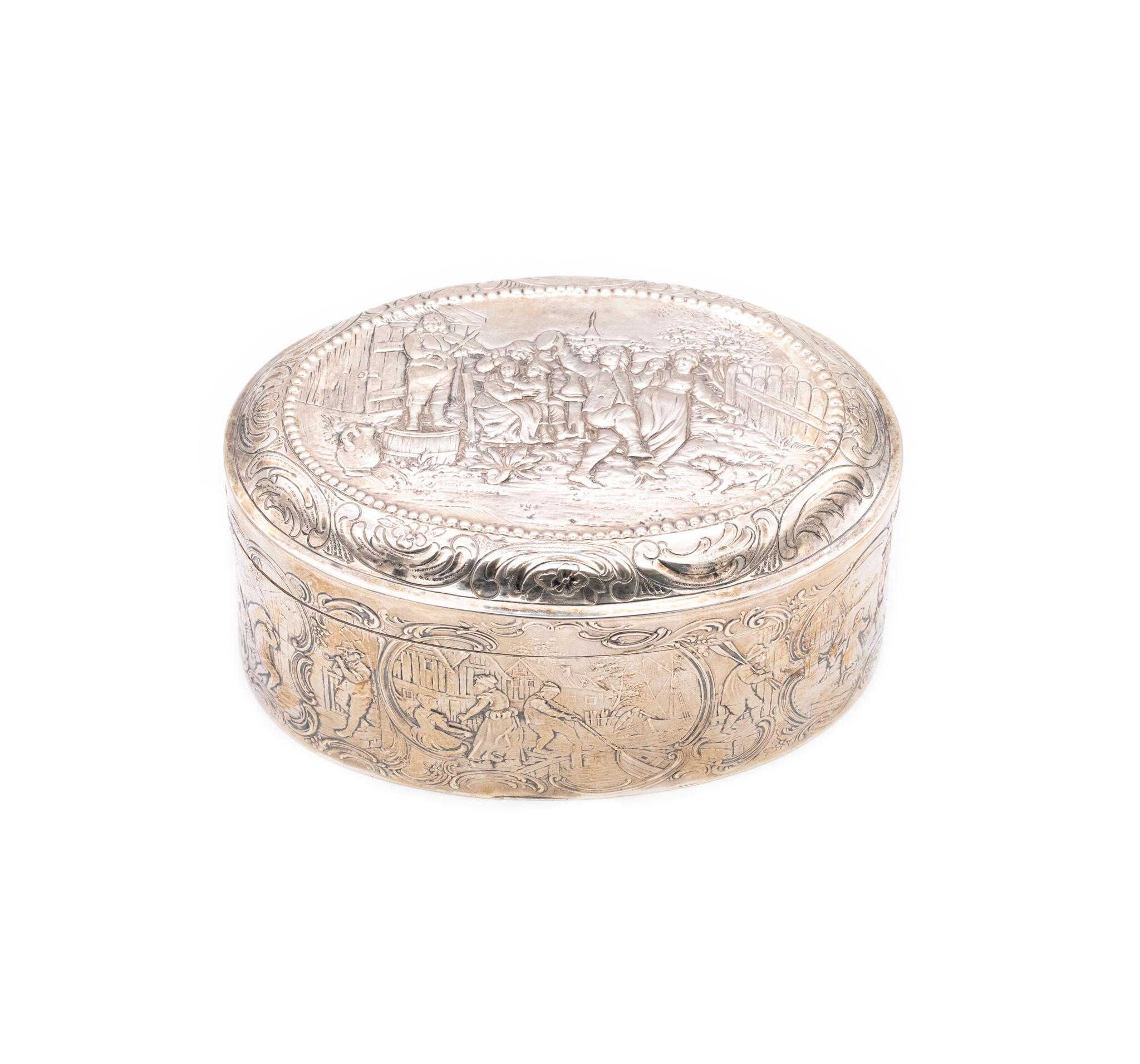 Dutch repousse trinket box in sterling silver.

A highly decorated presentation oval trinket box, made in northern Europe Netherlands, in 1872. Crafted in solid repousse .875/.999 sterling silver, with the complete surface decorated, with