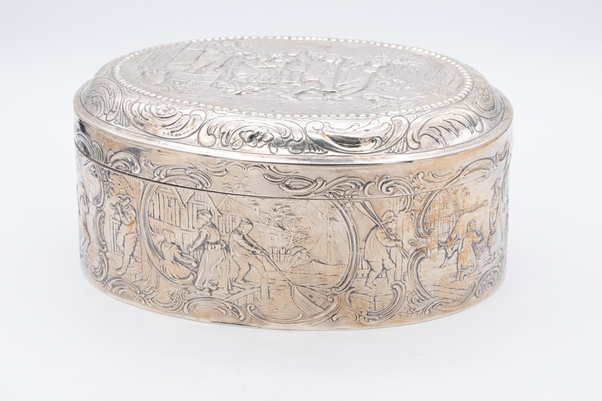 Late 19th Century Dutch Netherlands 1872 Antique Oval Repousse Trinket Box in .875 Sterling Silver For Sale