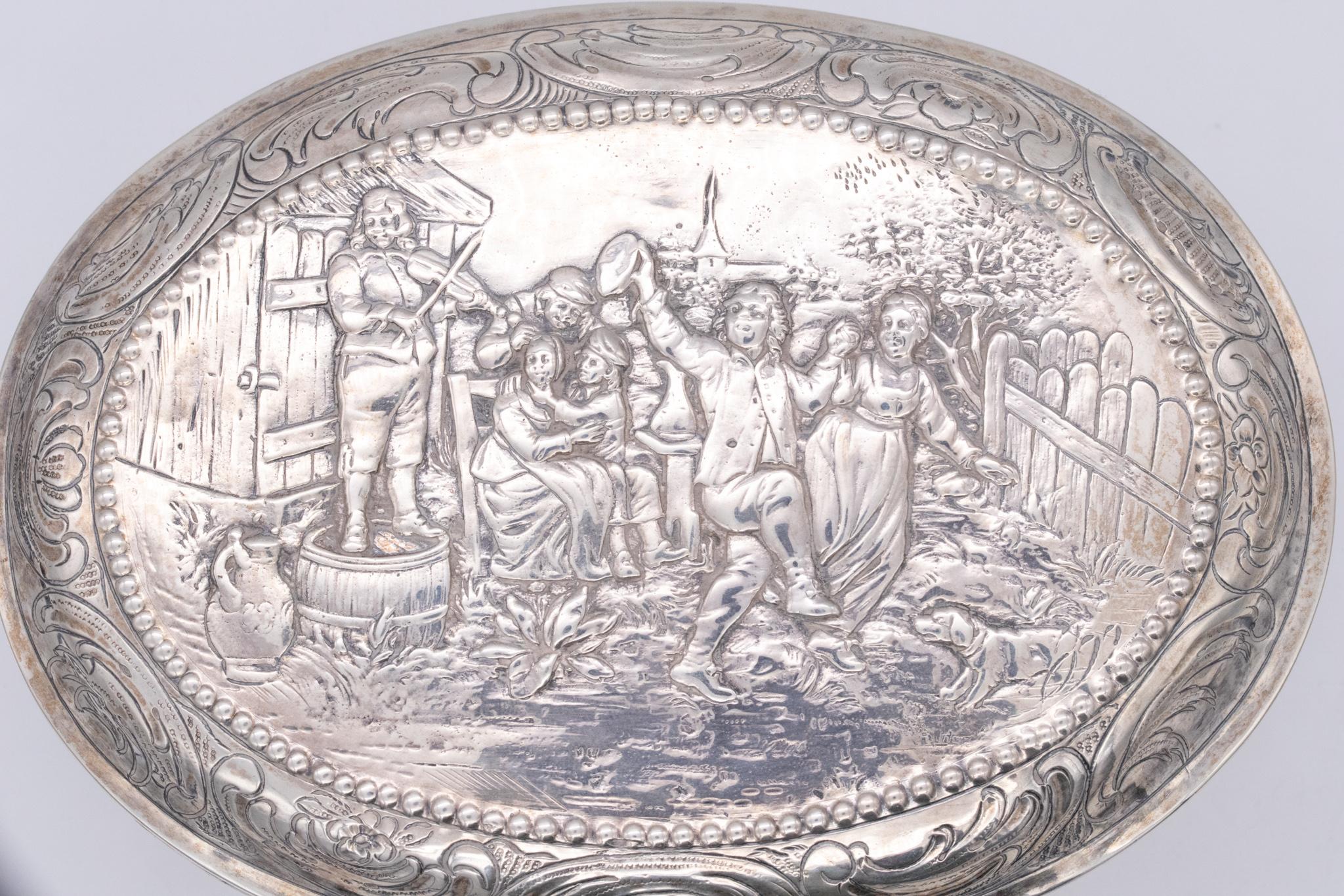 Dutch Netherlands 1872 Antique Oval Repousse Trinket Box in .875 Sterling Silver For Sale 1