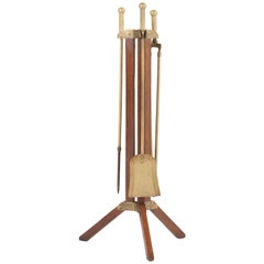 Dutch Oak and Brass Art Nouveau Arts 
Crafts Fireplace Tools with Stand, 1900s