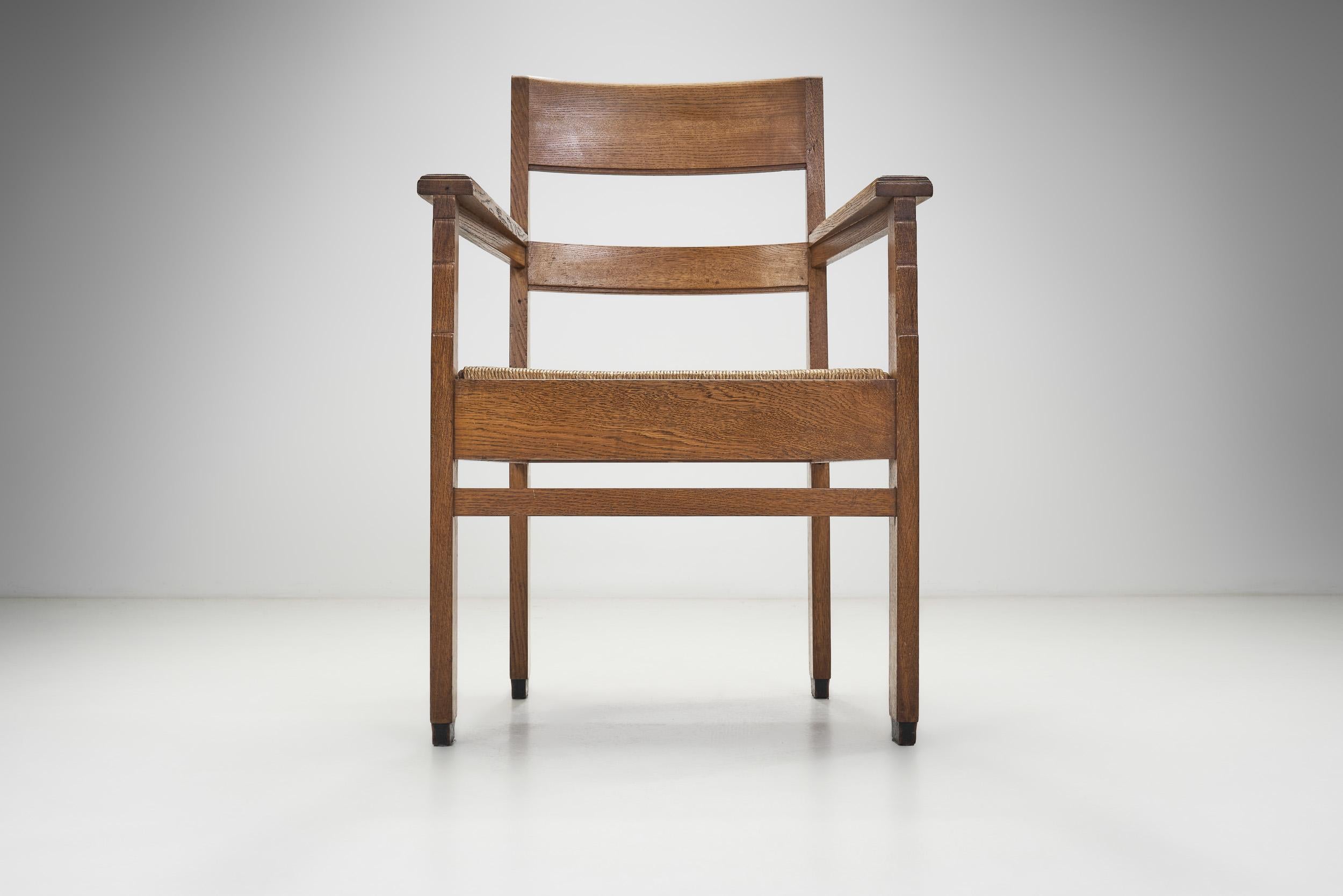 Art-déco-Stühle aus niederländischer Eiche mit Binsensitzen aus Binsen, Niederlande 1920er Jahre im Angebot 7