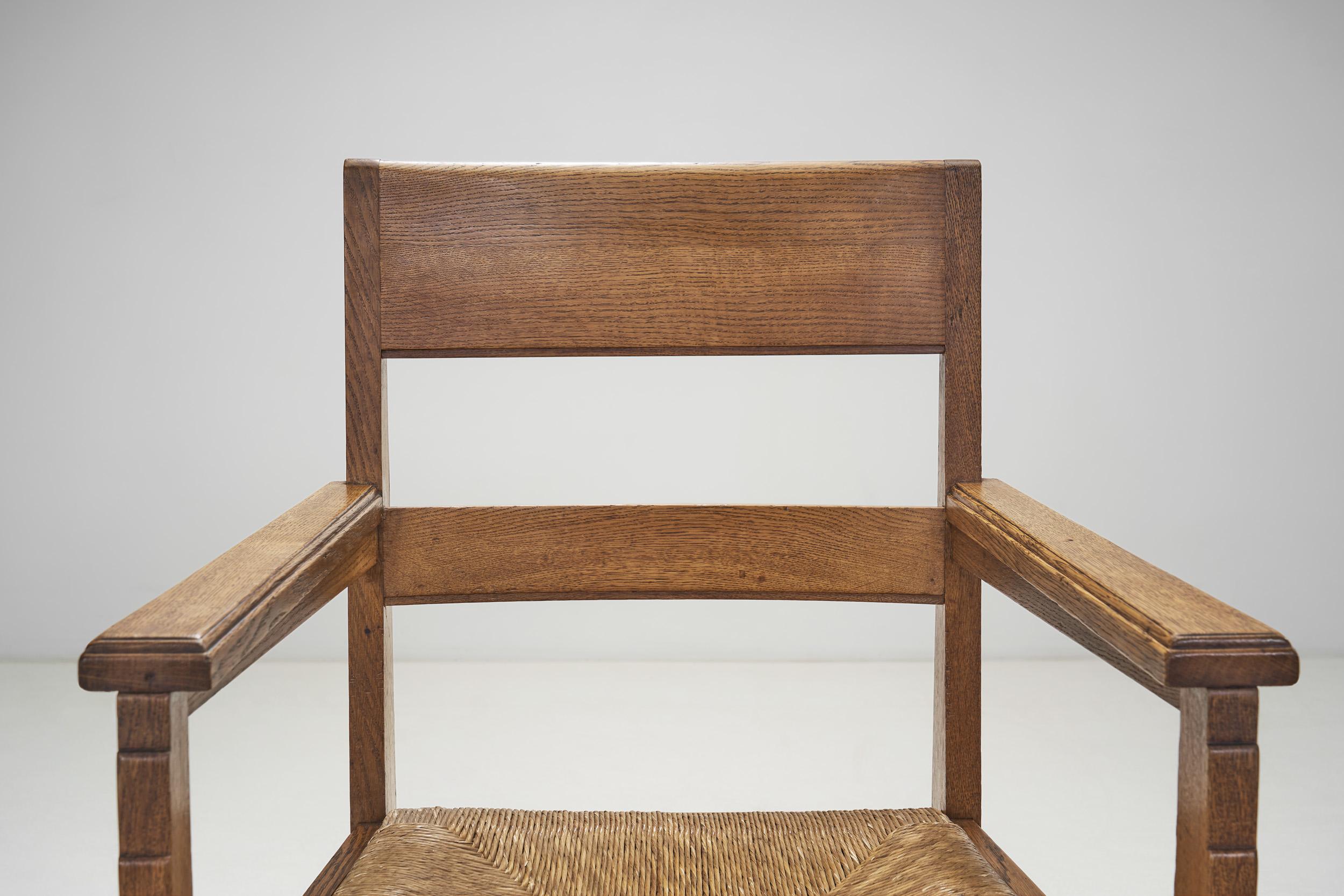 Dutch Oak Art Deco Chairs with Rush Seats, The Netherlands 1920s For Sale 3