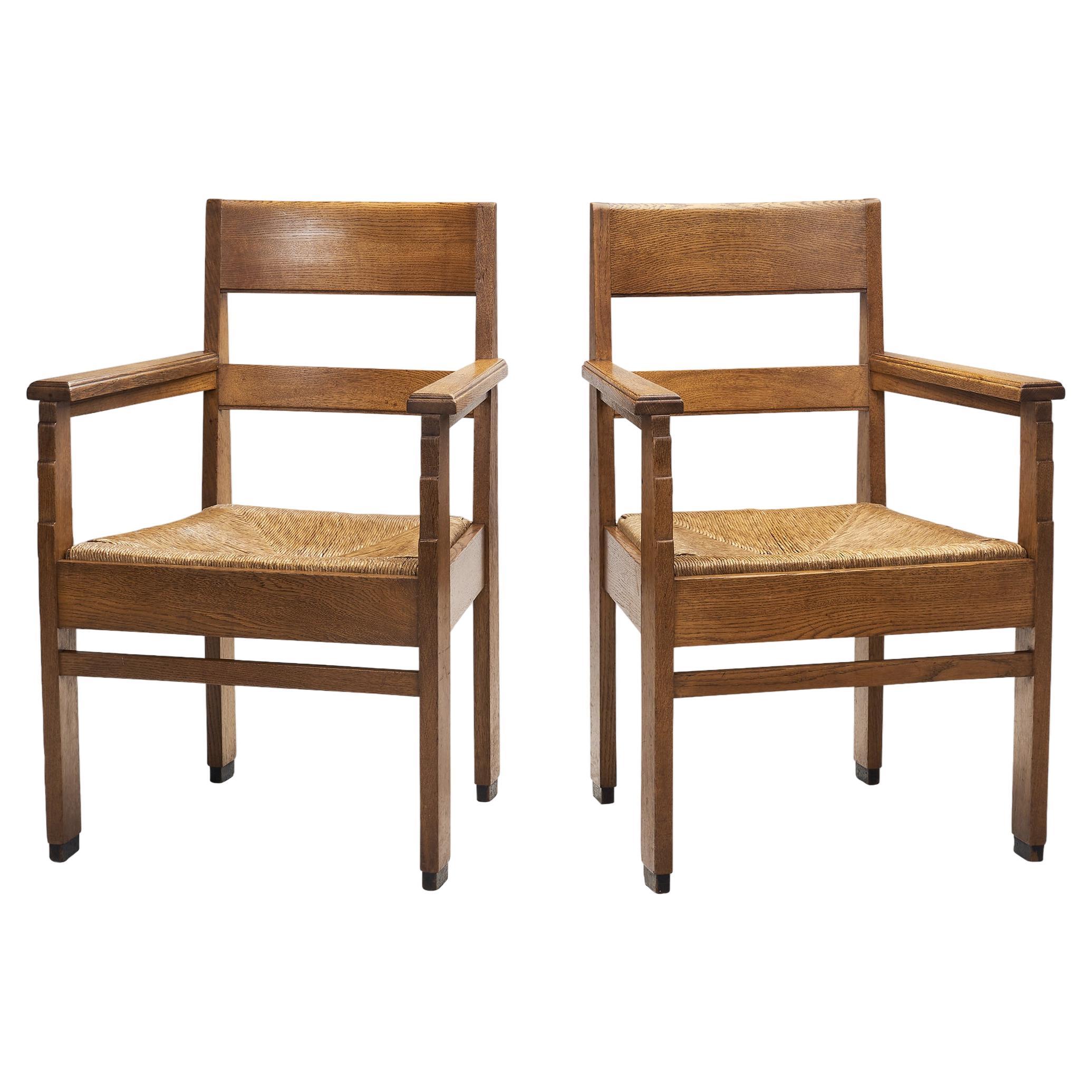 Dutch Oak Art Deco Chairs with Rush Seats, The Netherlands 1920s For Sale