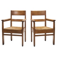 Dutch Oak Art Deco Chairs with Rush Seats, The Netherlands 1920s