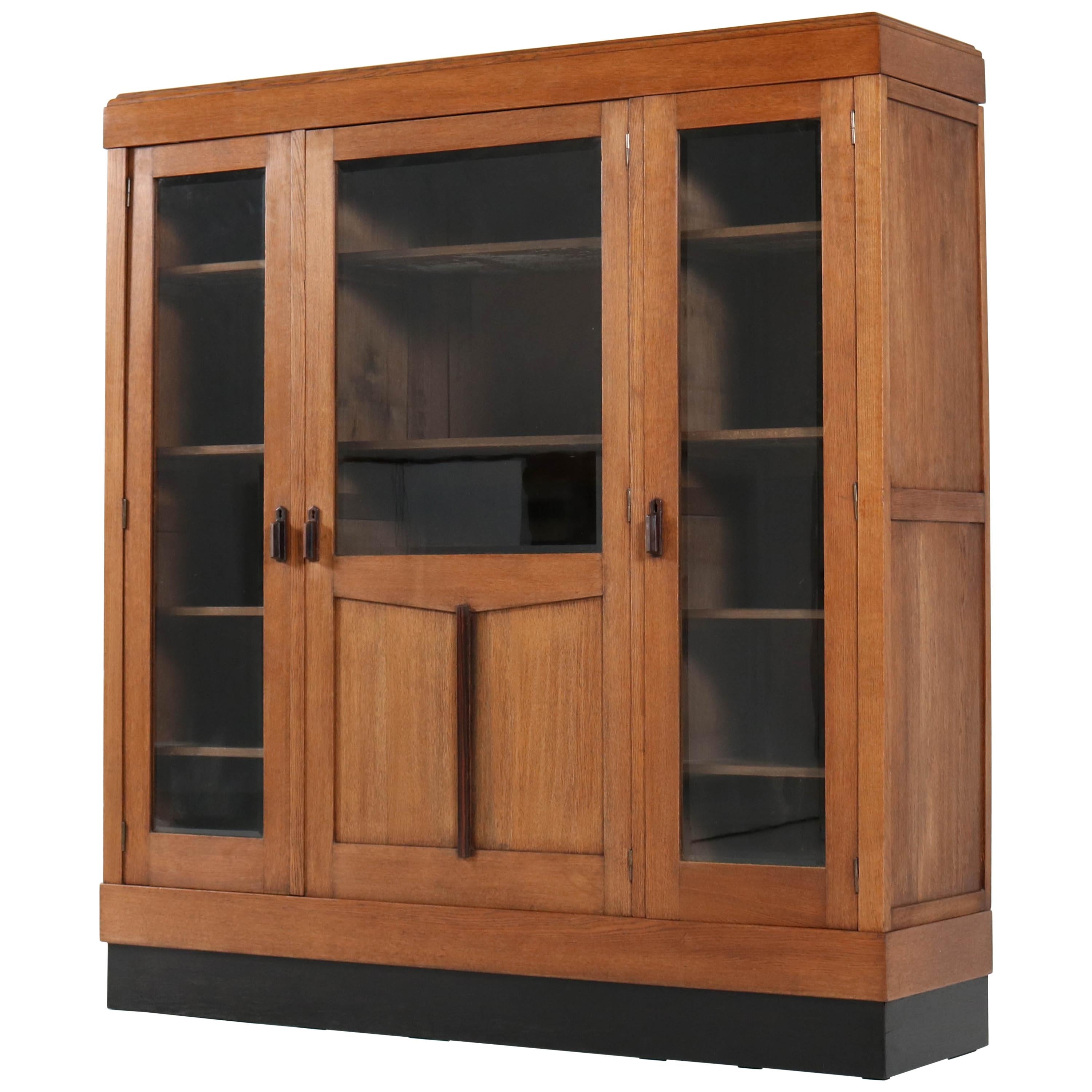 Dutch Oak Art Deco Haagse School Bookcase with Beveled Glass, 1920s
