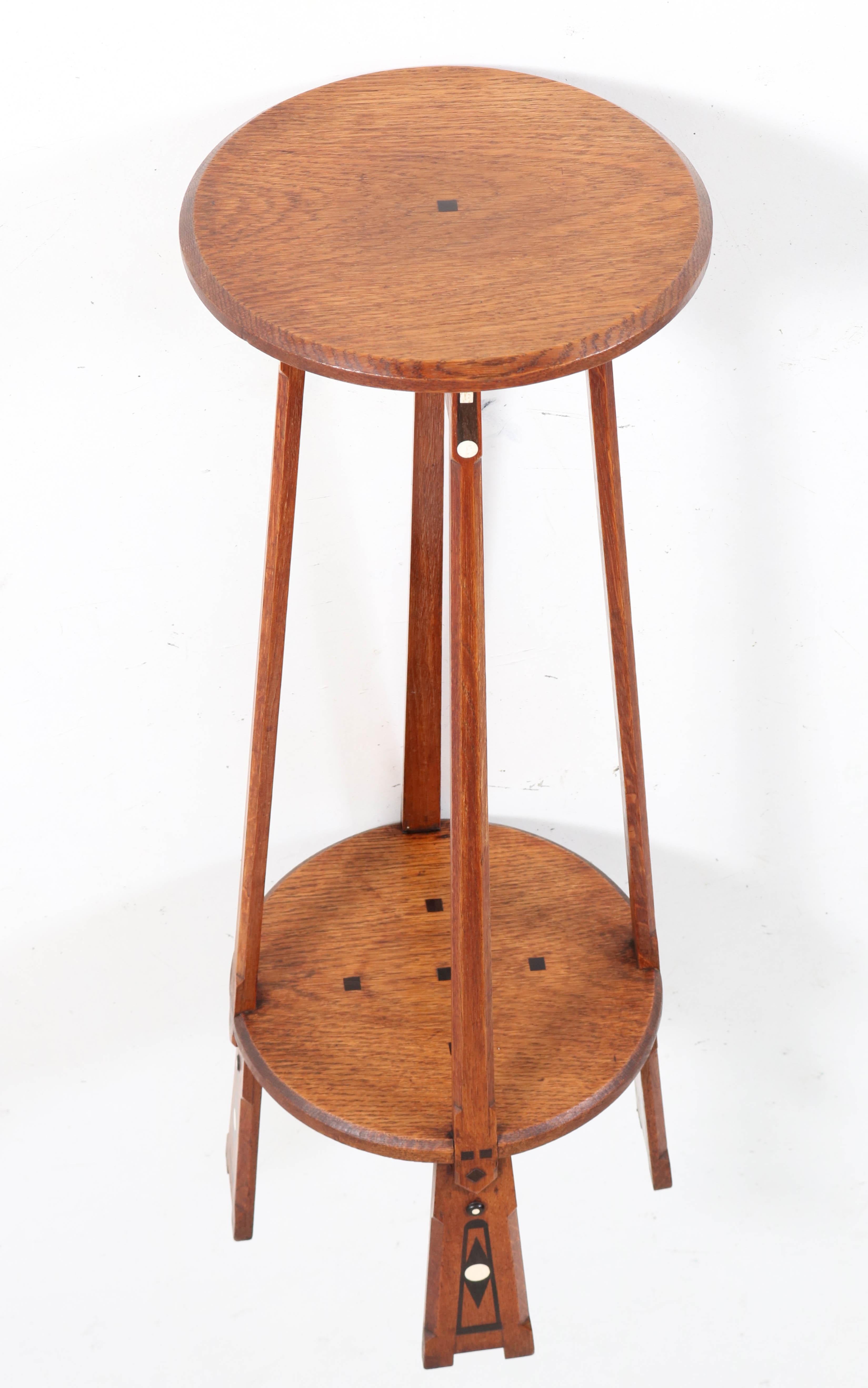 Dutch Oak Art Nouveau Arts & Crafts Pedestal Table with Inlay, 1900s 1