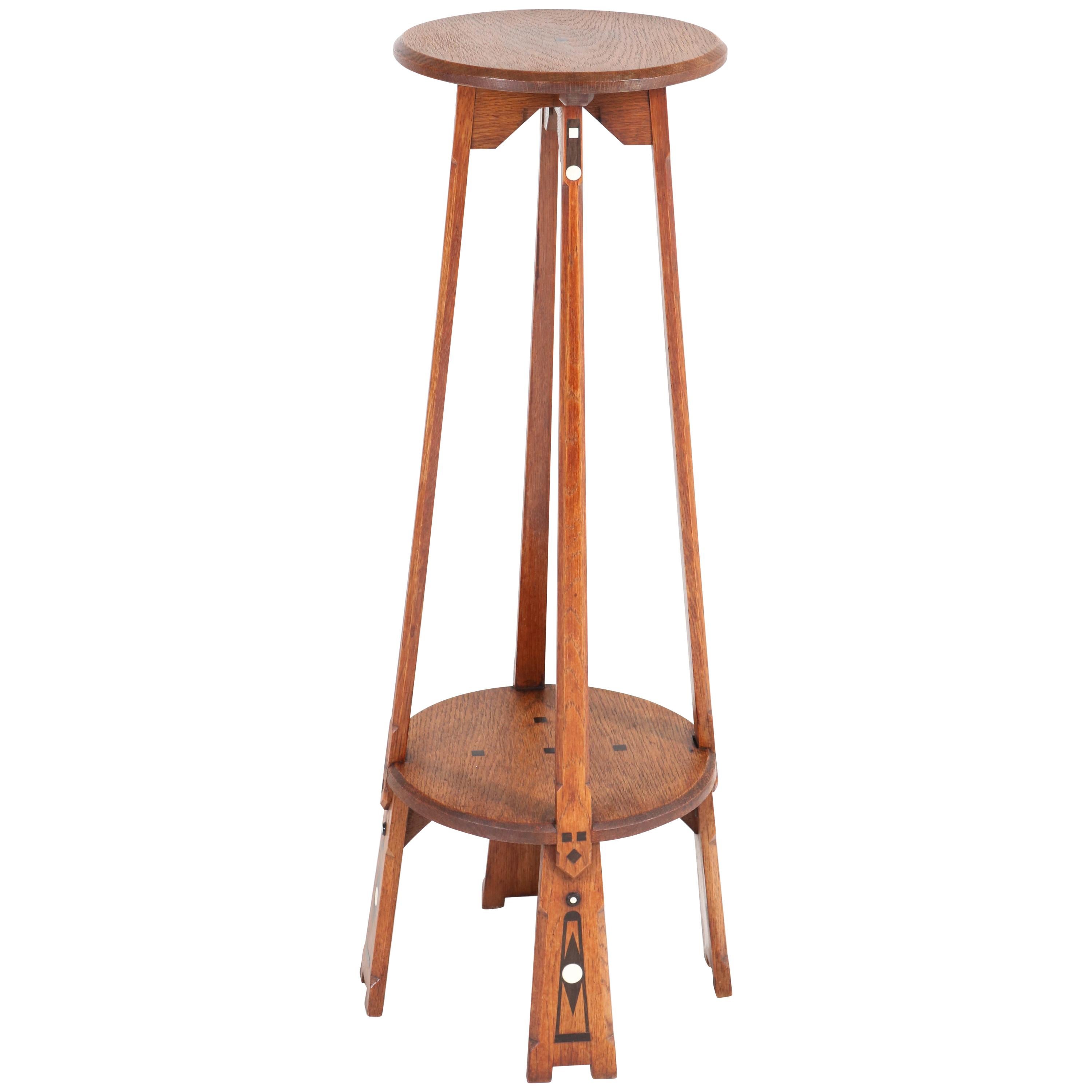 Dutch Oak Art Nouveau Arts & Crafts Pedestal Table with Inlay, 1900s