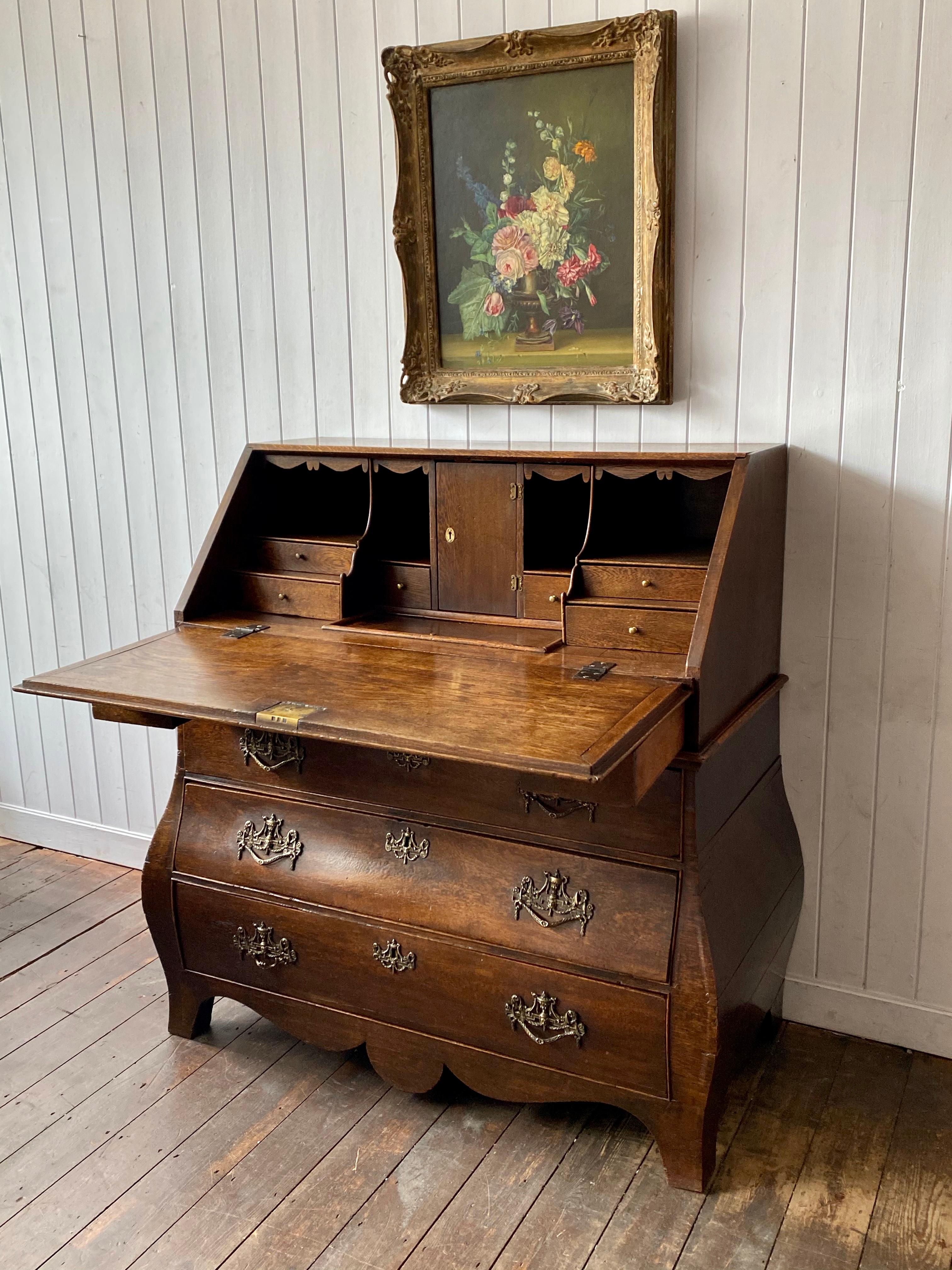 Brass Dutch Oak Bombe Bureau Secretaire, Circa 1800 For Sale