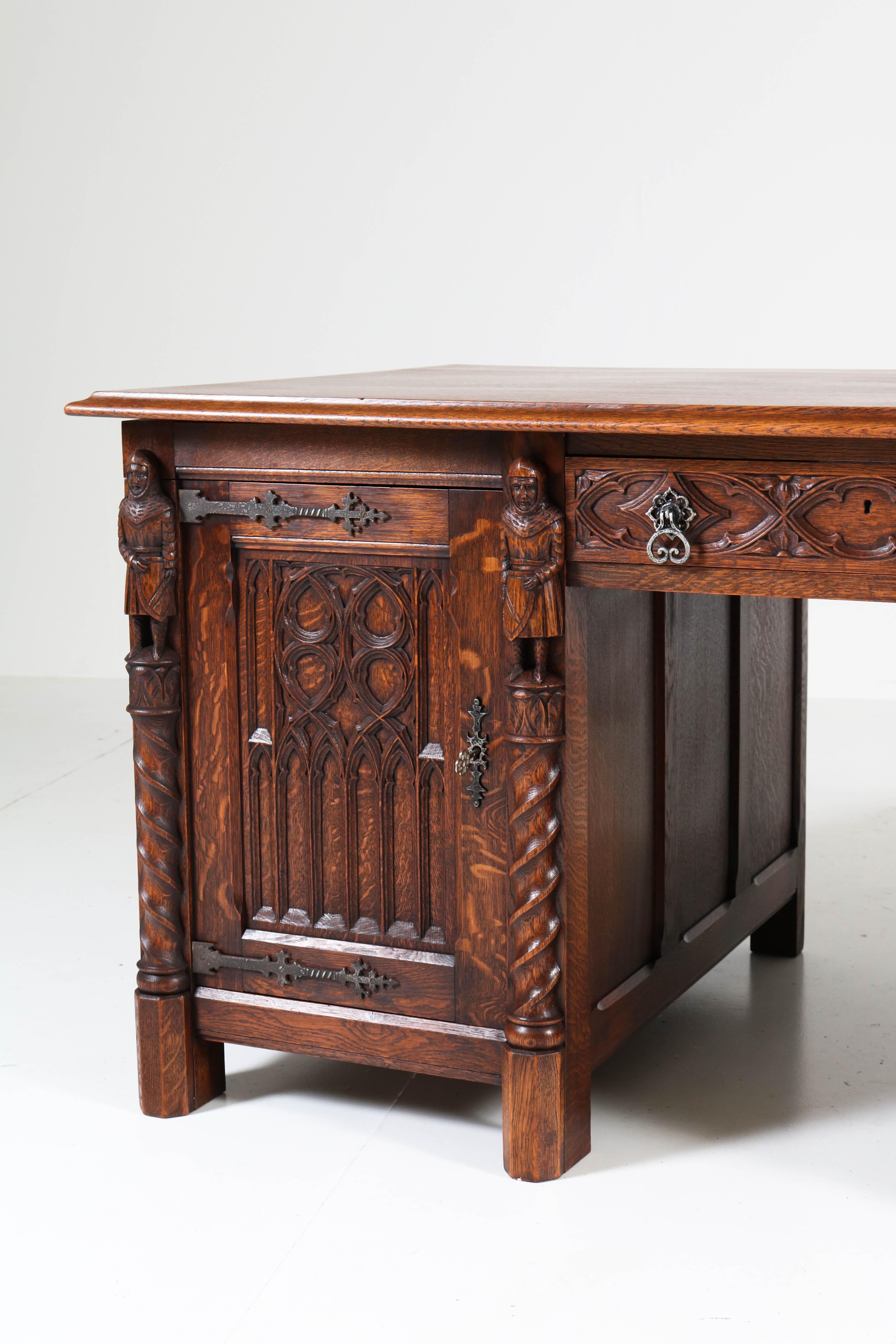 Dutch Oak Gothic Revival Pedestal Desk with Four Knights, 1940s 1