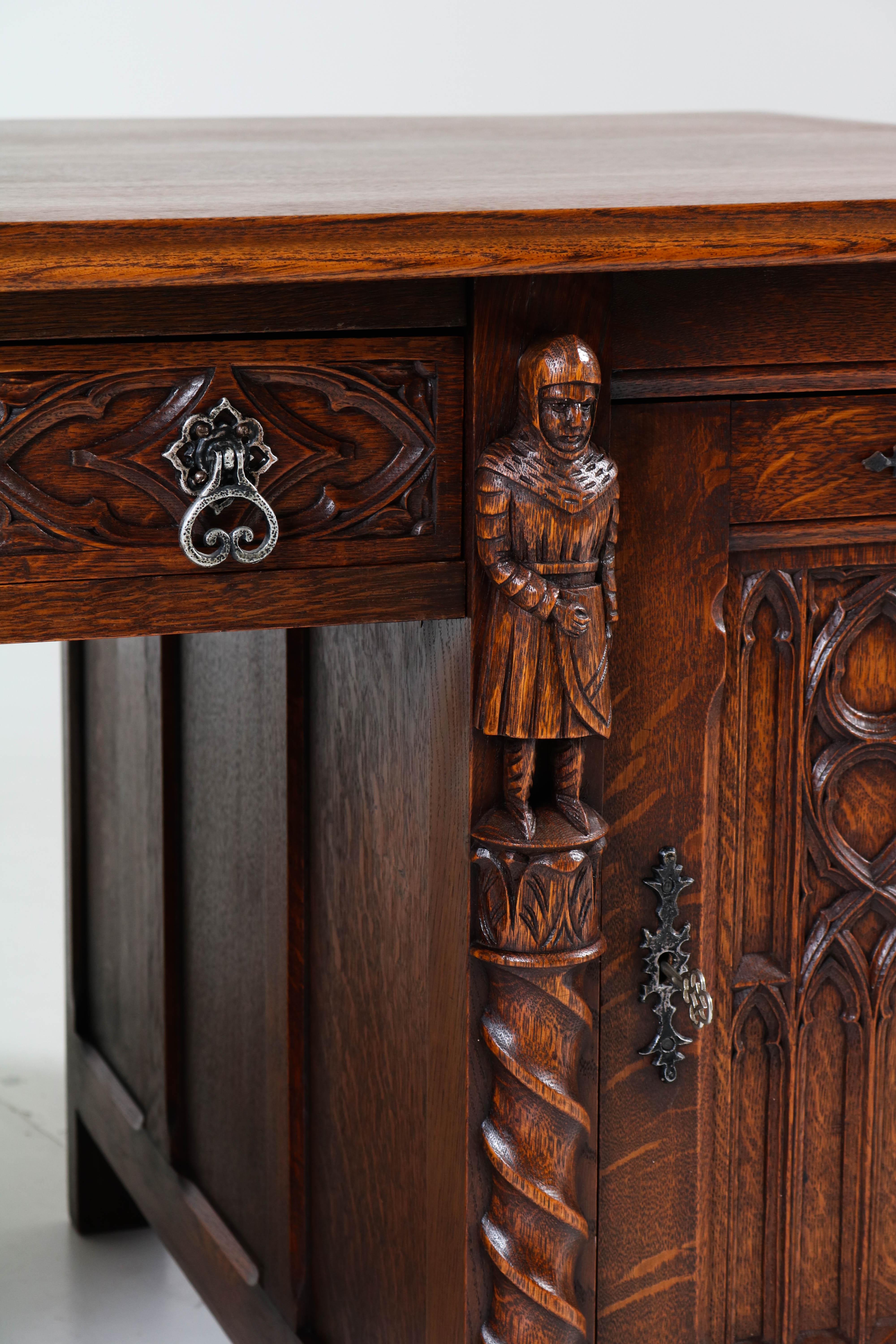 Dutch Oak Gothic Revival Pedestal Desk with Four Knights, 1940s 3