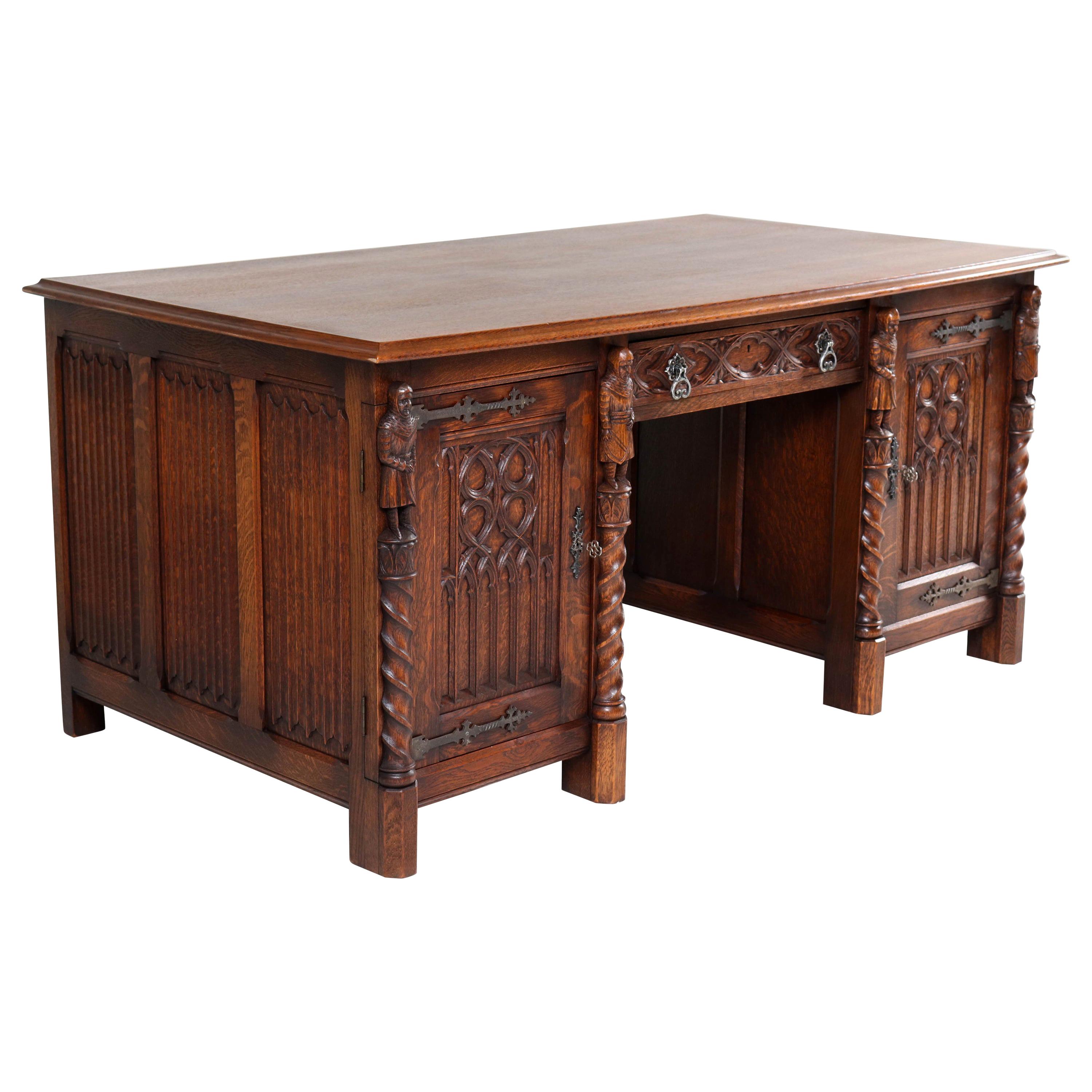 Dutch Oak Gothic Revival Pedestal Desk with Four Knights, 1940s