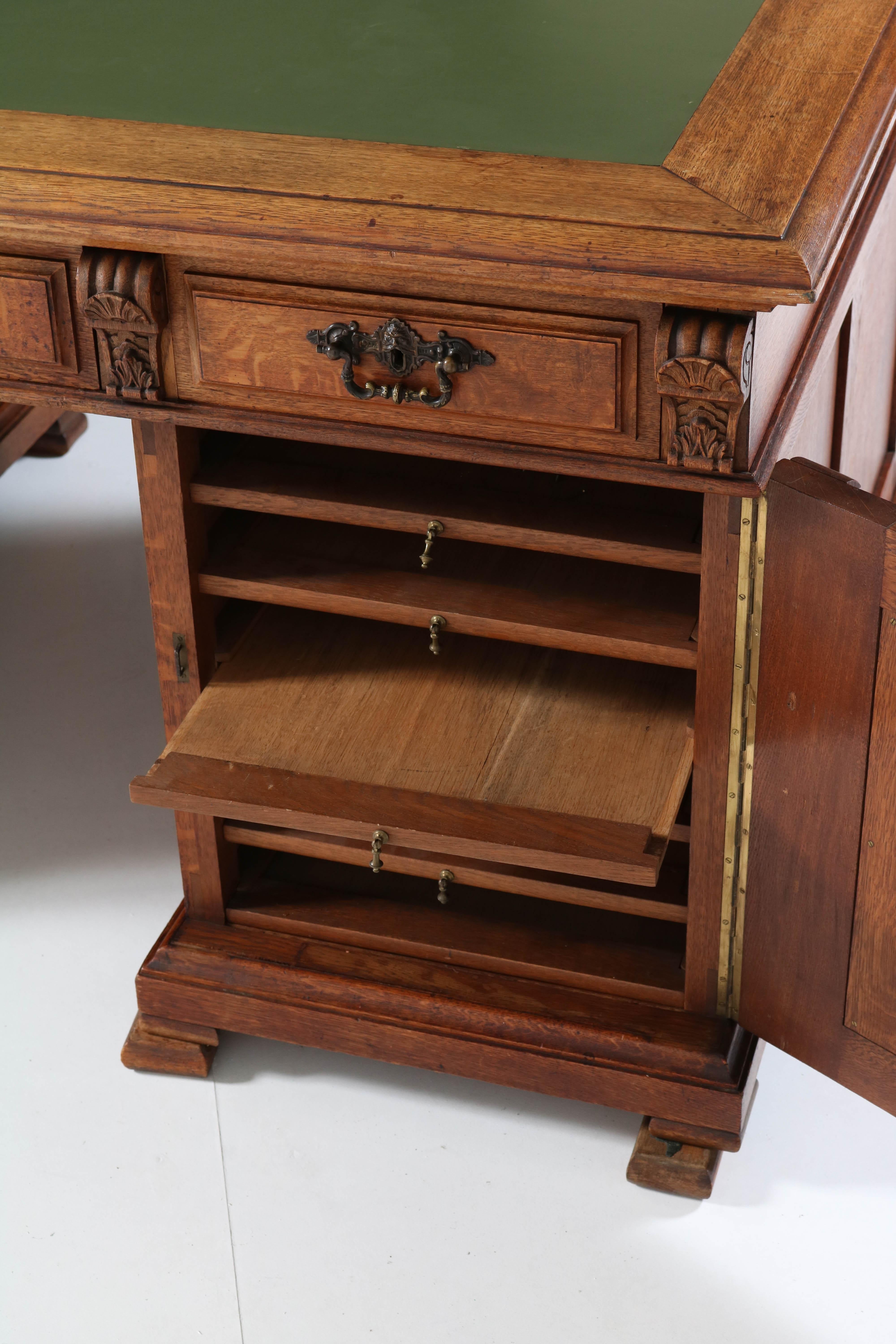 Dutch Oak Renaissance Revival Pedestal Partner Desk, 1890s 4