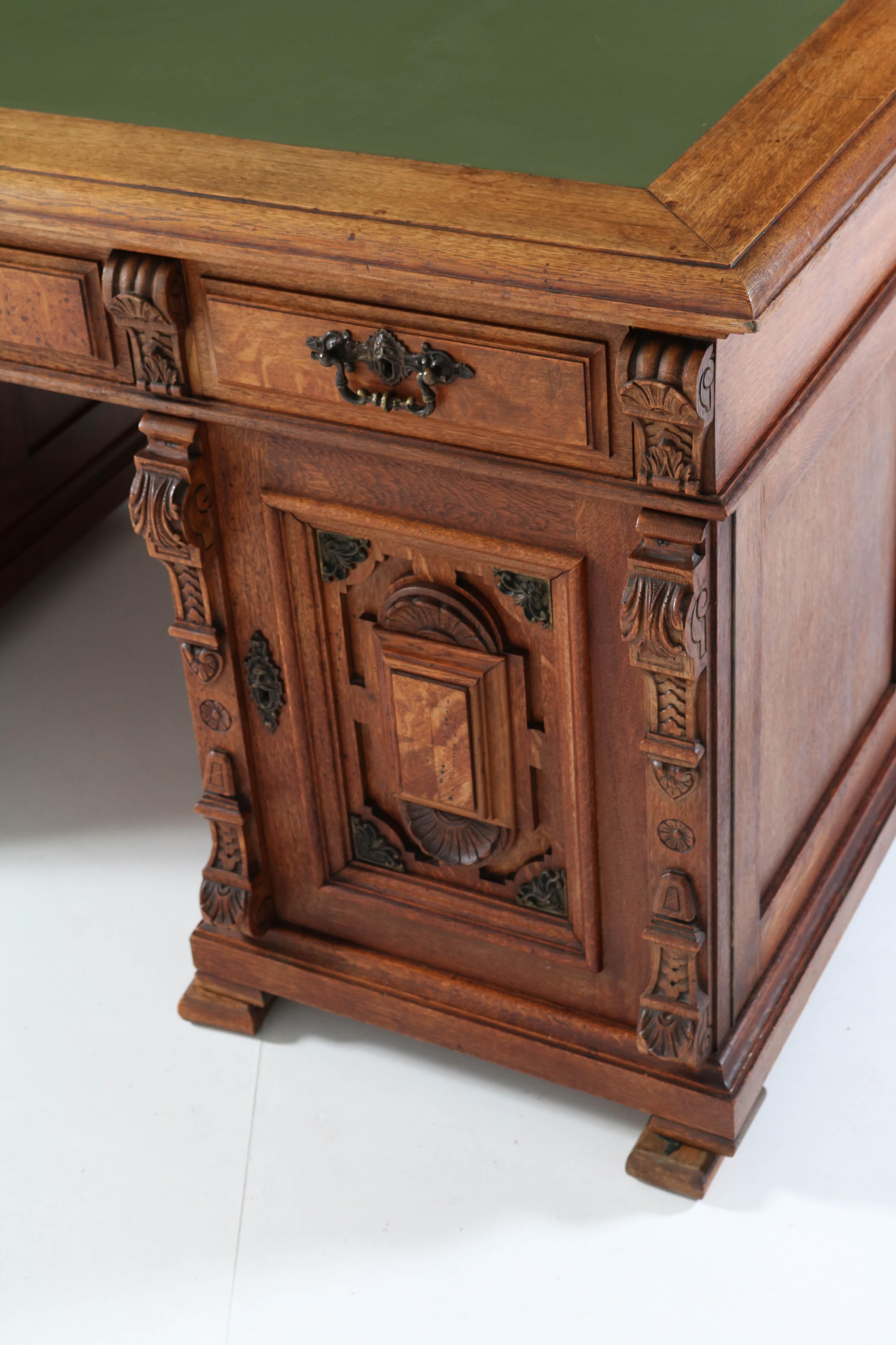 Dutch Oak Renaissance Revival Pedestal Partner Desk, 1890s 5
