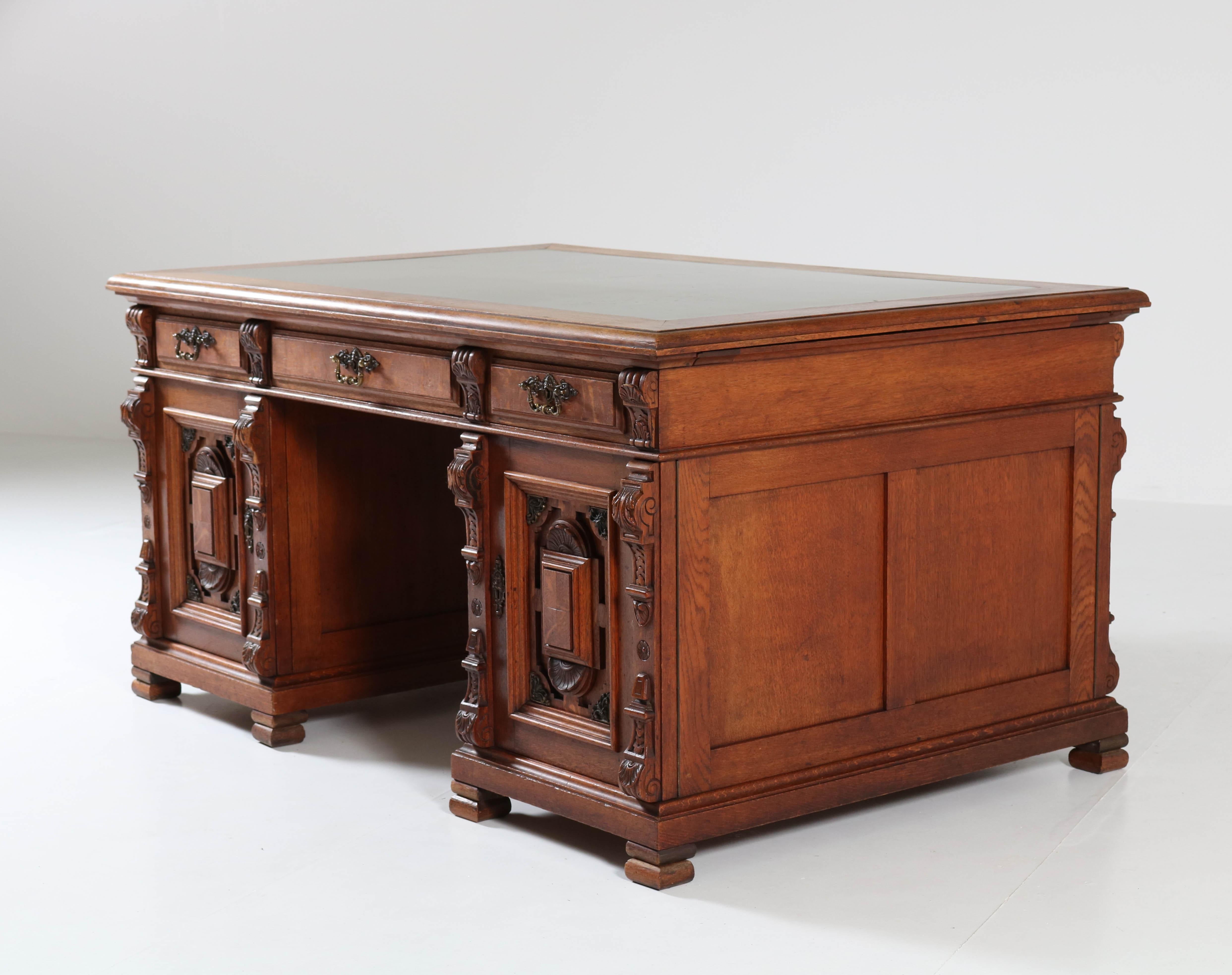 Dutch Oak Renaissance Revival Pedestal Partner Desk, 1890s 6
