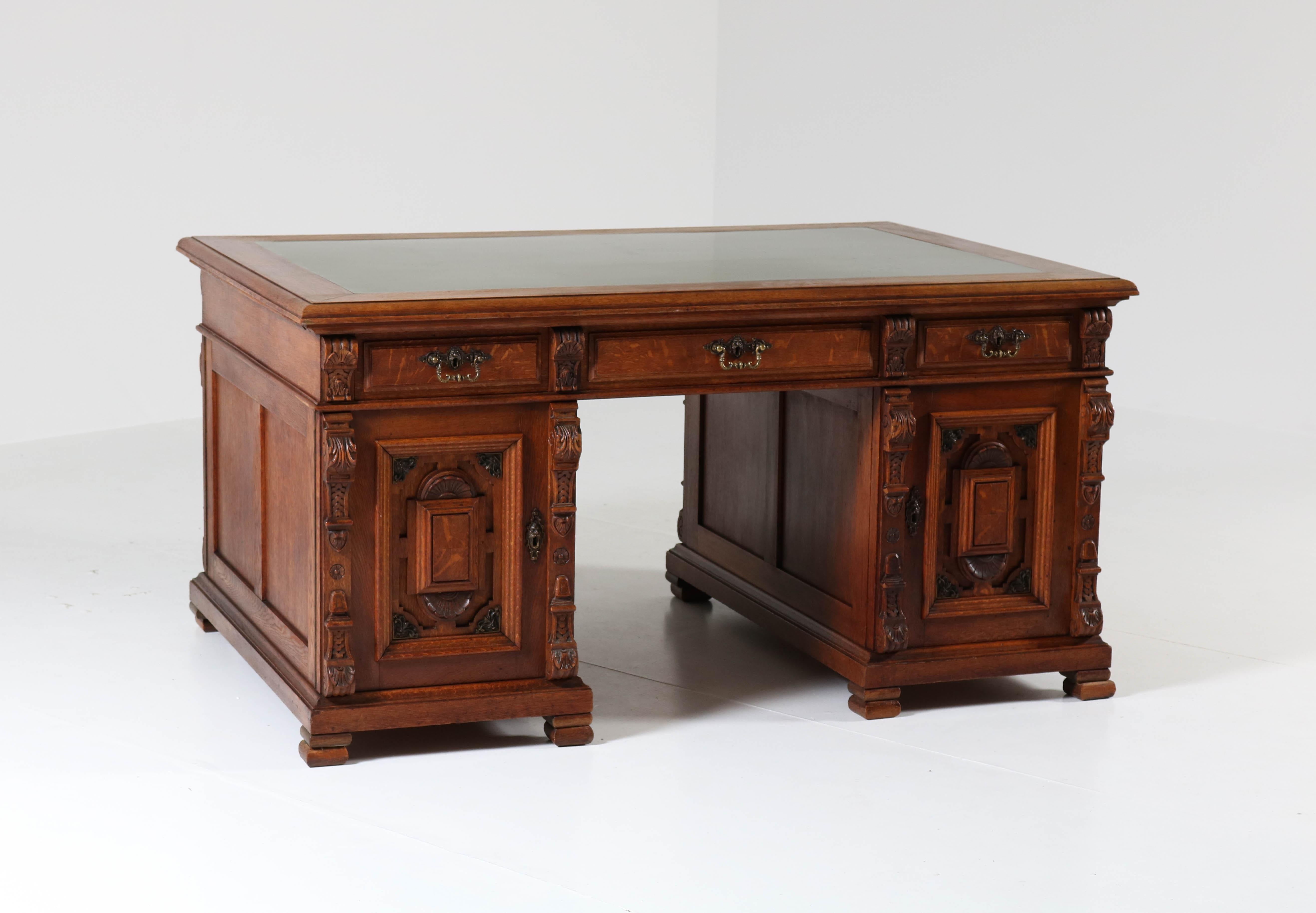 Dutch Oak Renaissance Revival Pedestal Partner Desk, 1890s 7