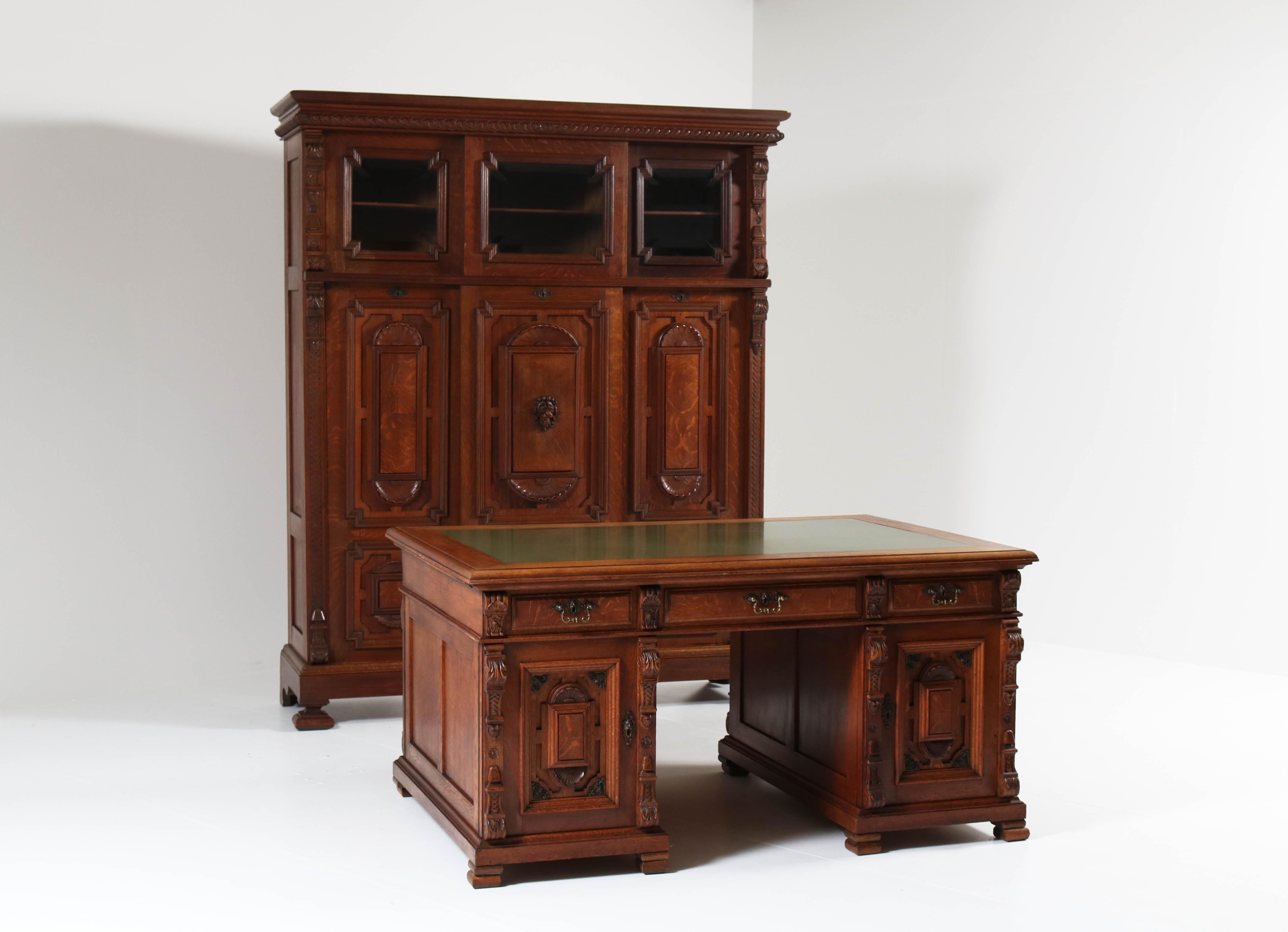 Dutch Oak Renaissance Revival Pedestal Partner Desk, 1890s 8