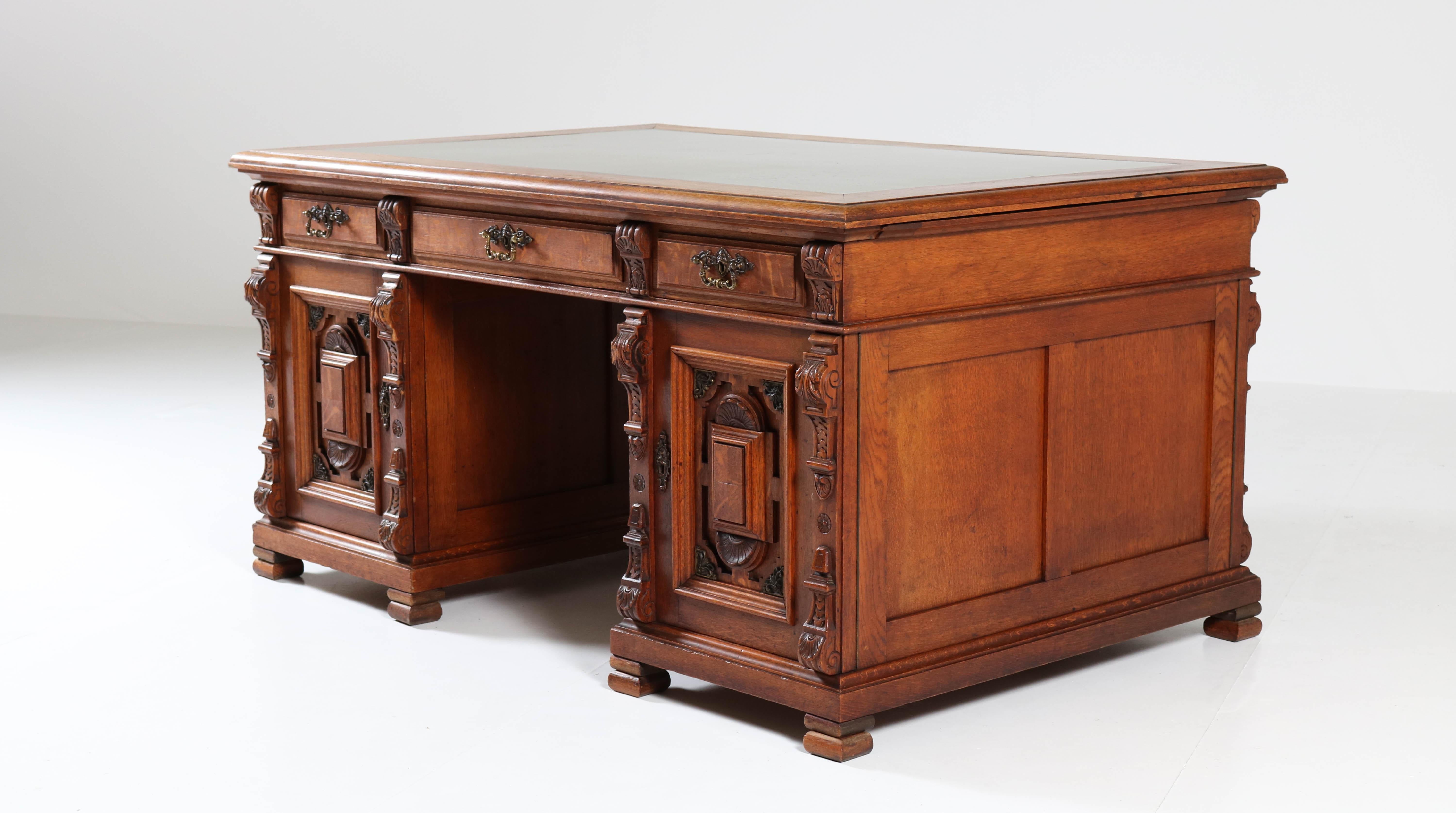 Dutch Oak Renaissance Revival Pedestal Partner Desk, 1890s In Good Condition In Amsterdam, NL