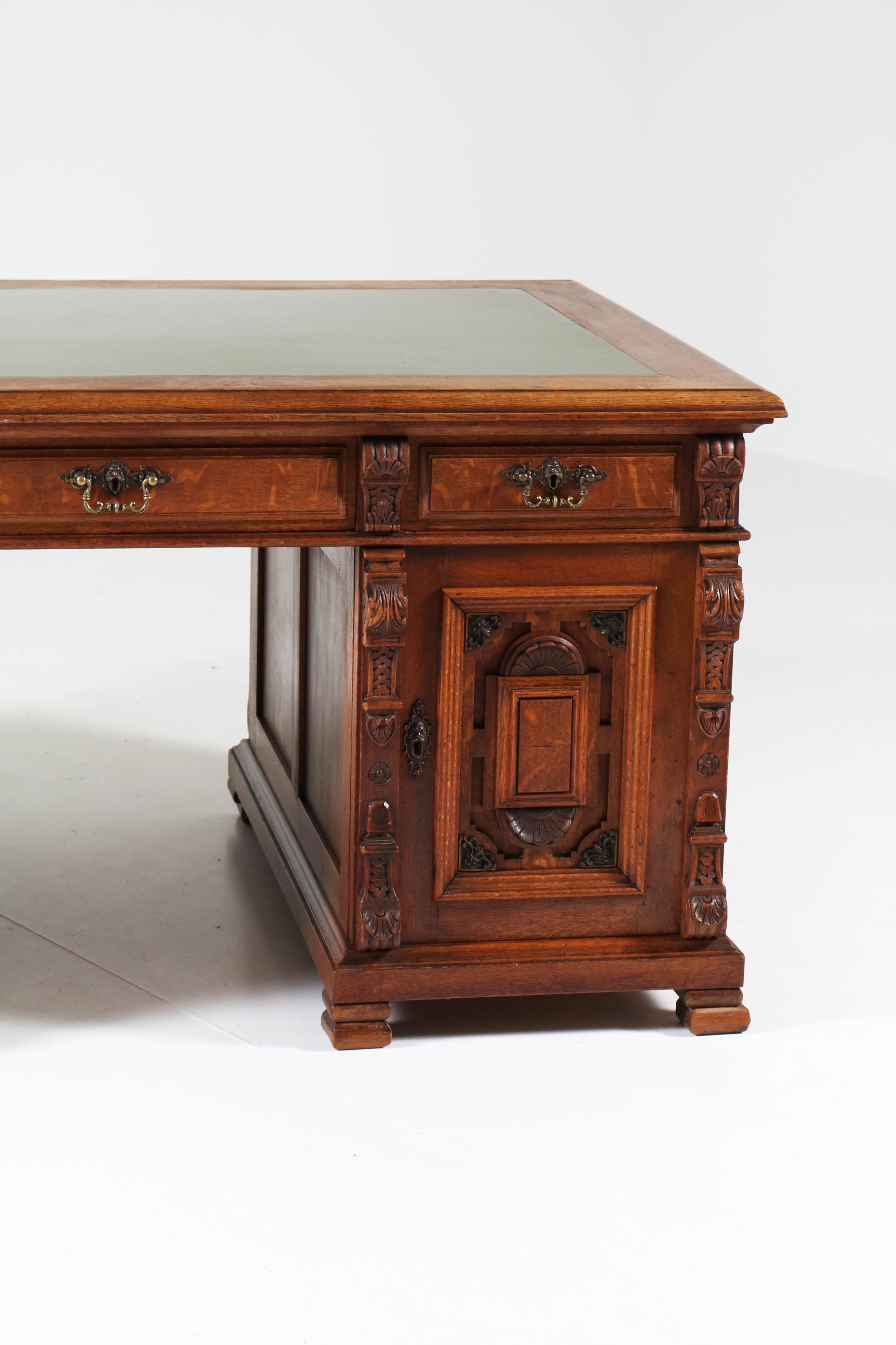 Faux Leather Dutch Oak Renaissance Revival Pedestal Partner Desk, 1890s