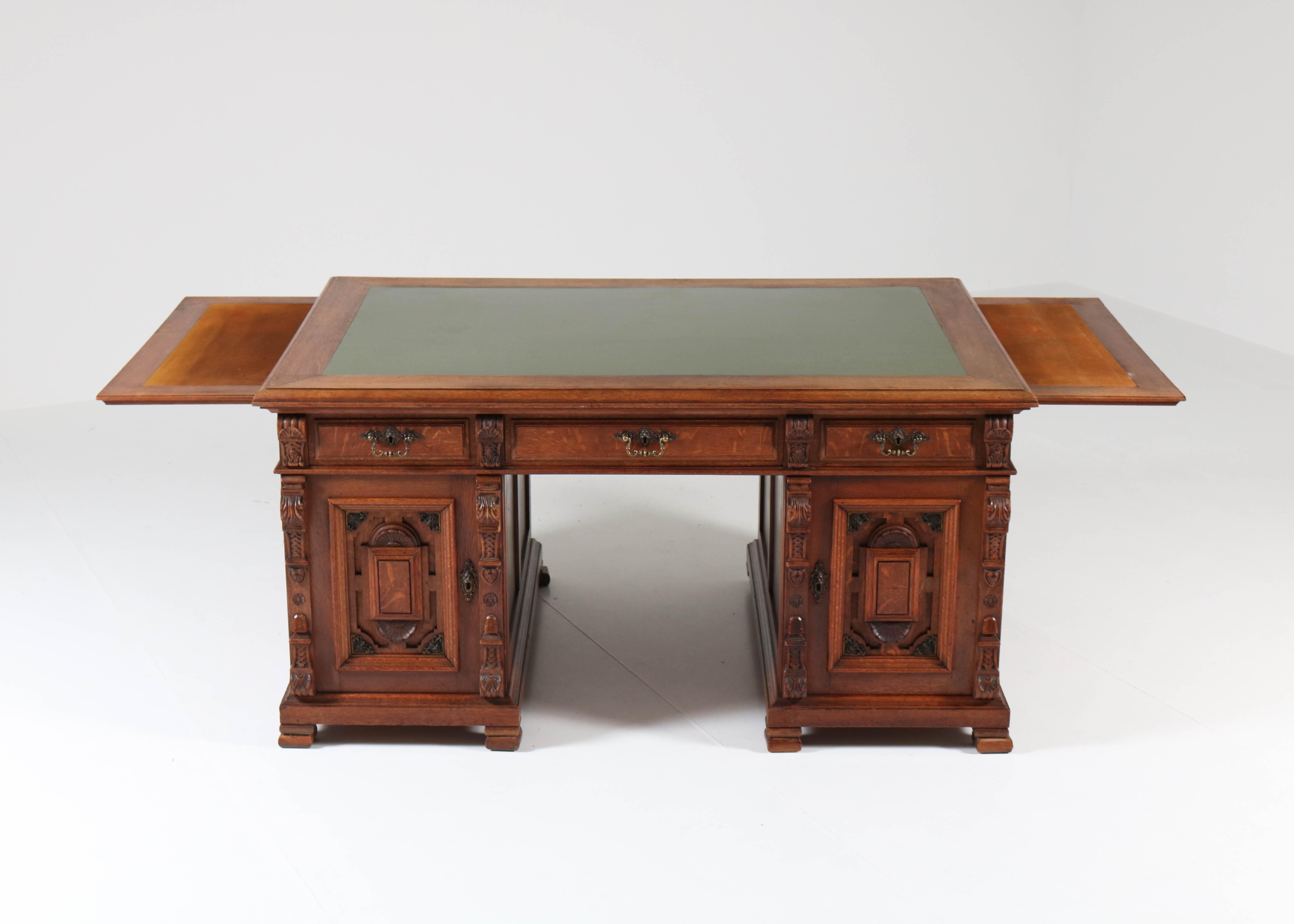 Dutch Oak Renaissance Revival Pedestal Partner Desk, 1890s 1
