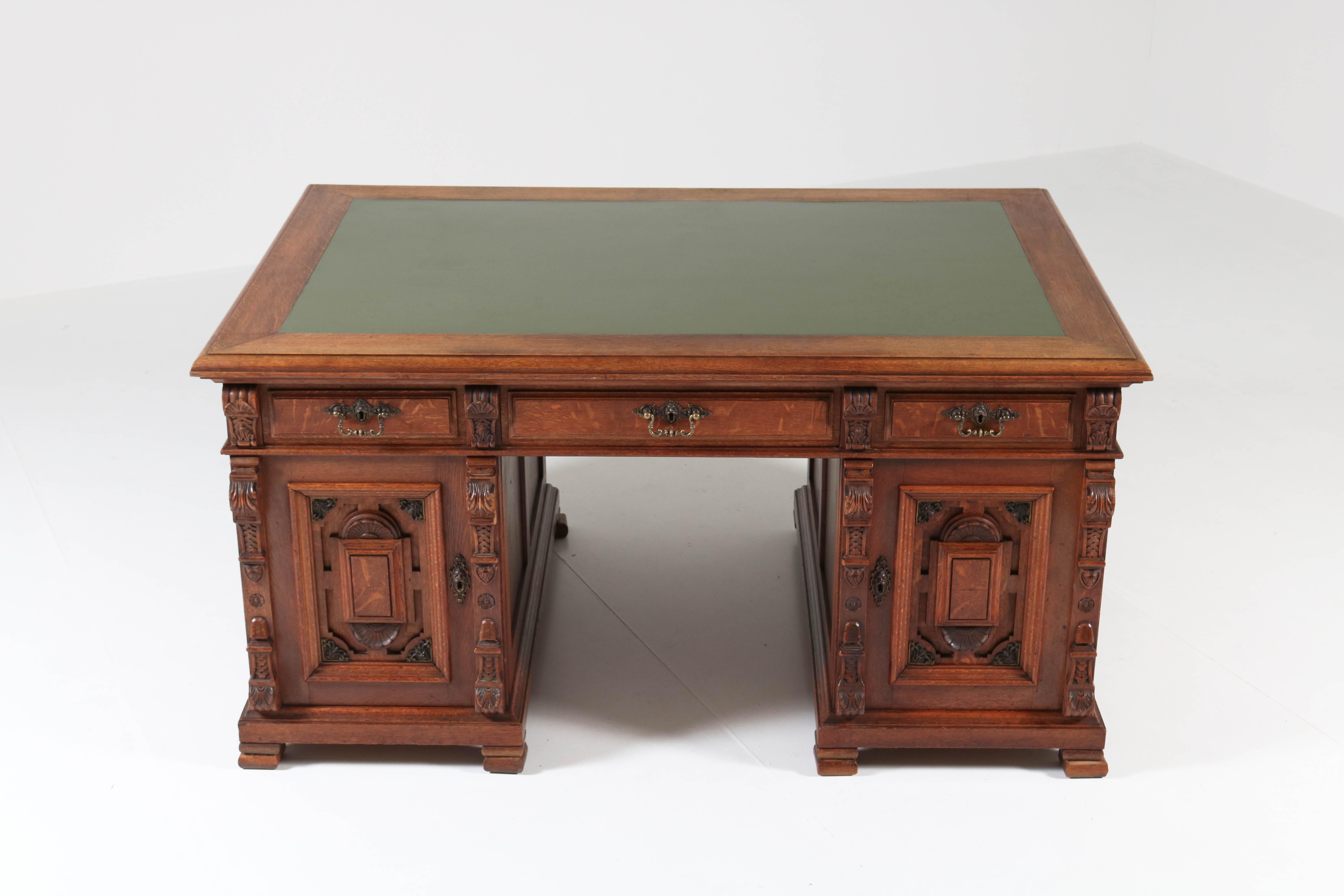 Dutch Oak Renaissance Revival Pedestal Partner Desk, 1890s 2