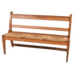 Vintage Dutch Oak & Rush Church Pew Bench in the Manner of Martin Visser, c. 1930's